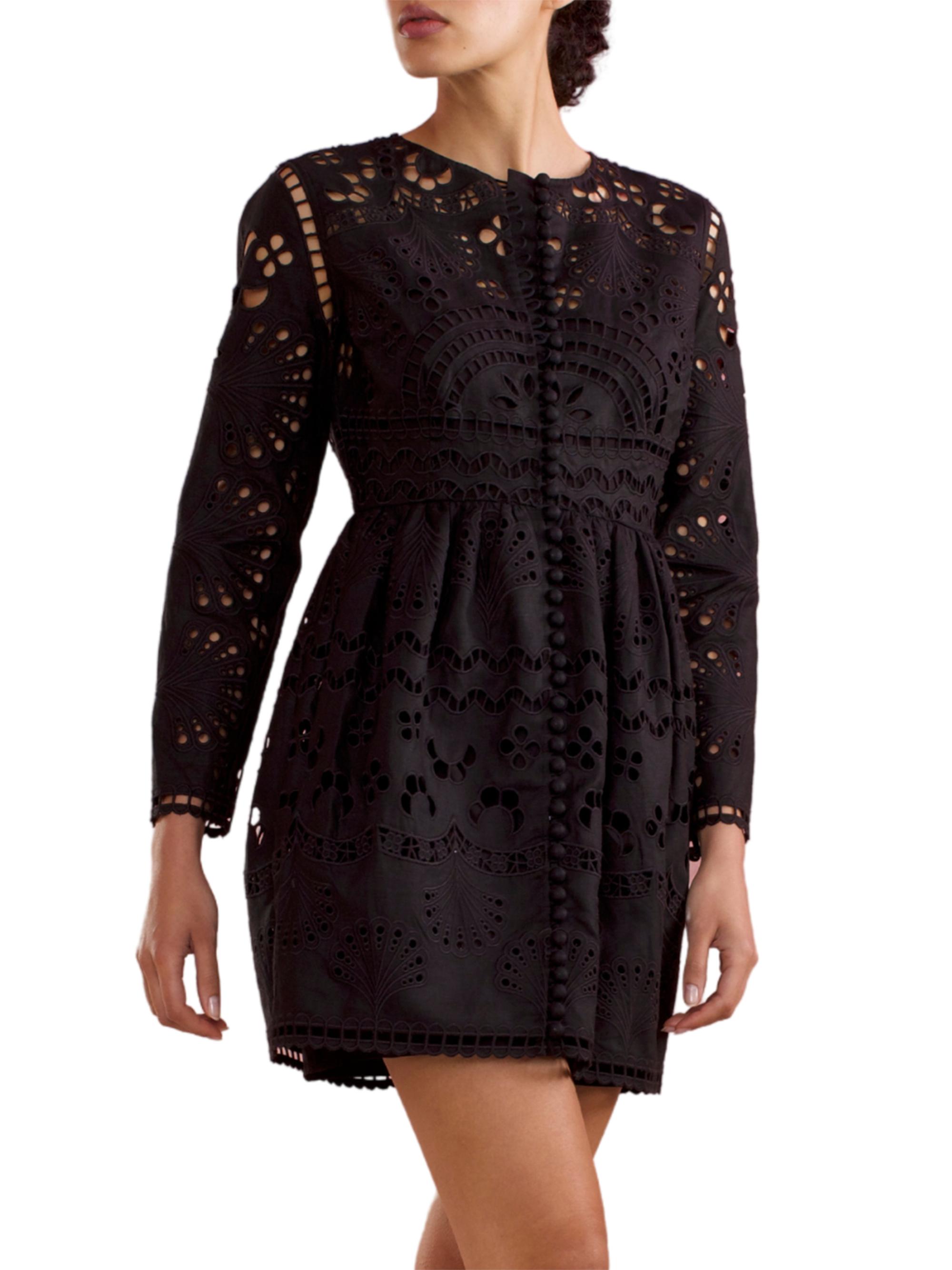 Cynthia Rowley Women's Eyelet Long-Sleeve Minidress - Black
