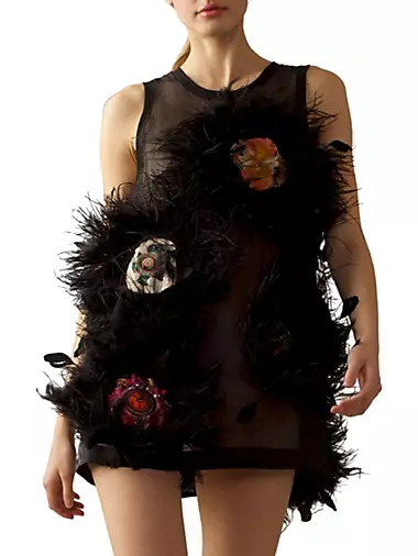 Feather-Embellished Organza Minidress