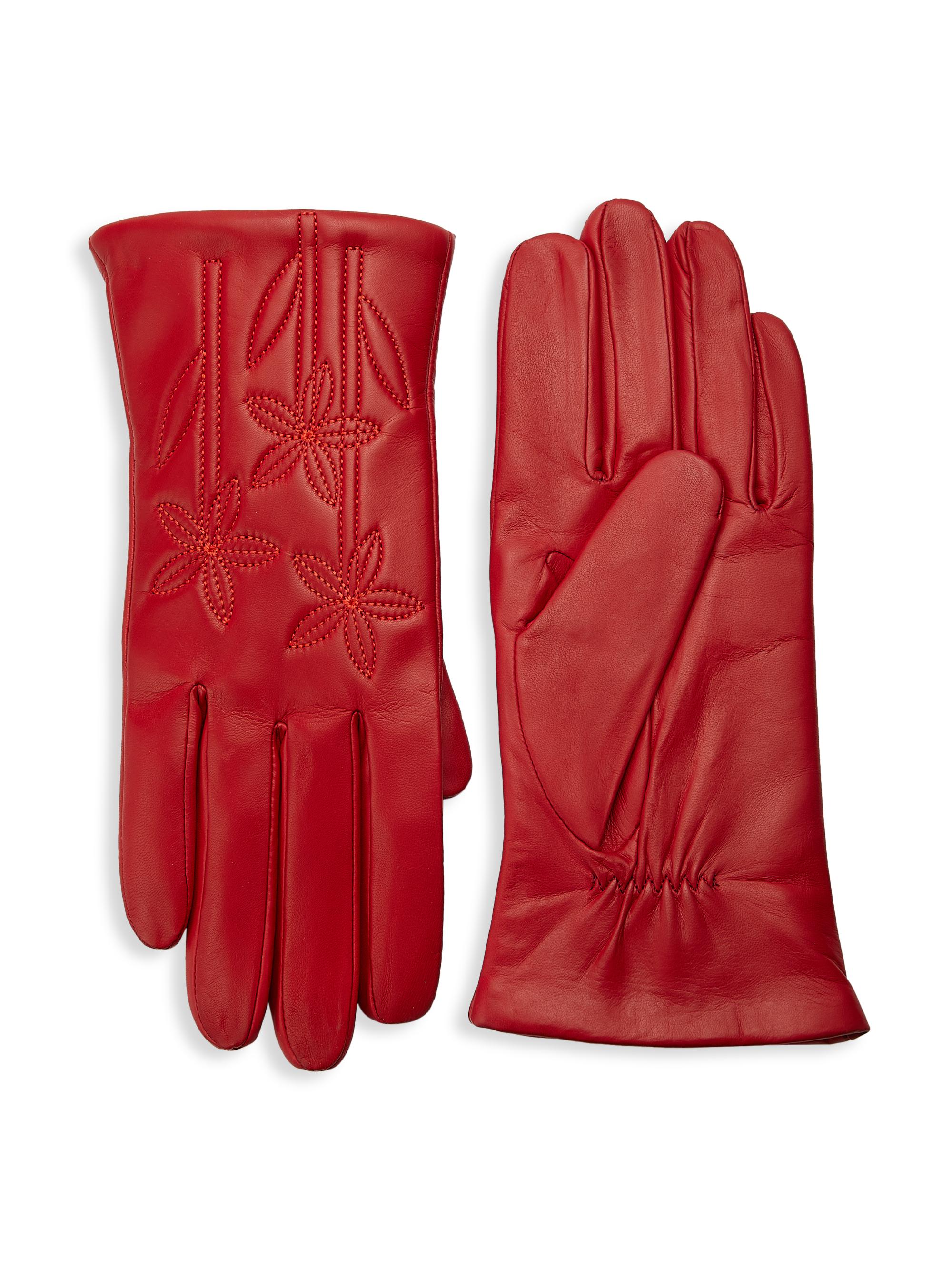 Carolina Amato Women's Floral-Embroidered Leather Gloves - Red