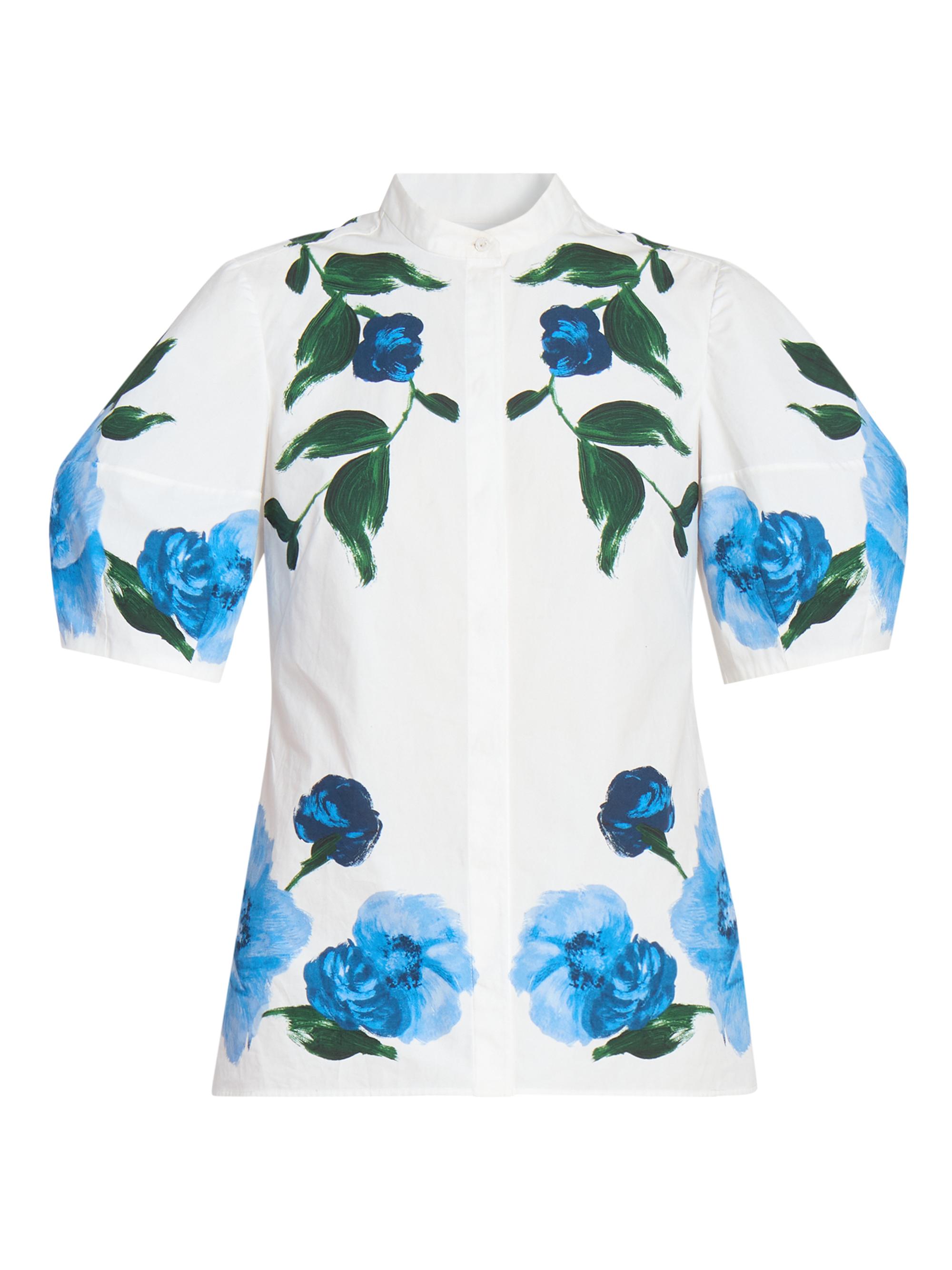 Erdem Women's Floral Puff-Sleeve Blouse - White Blue