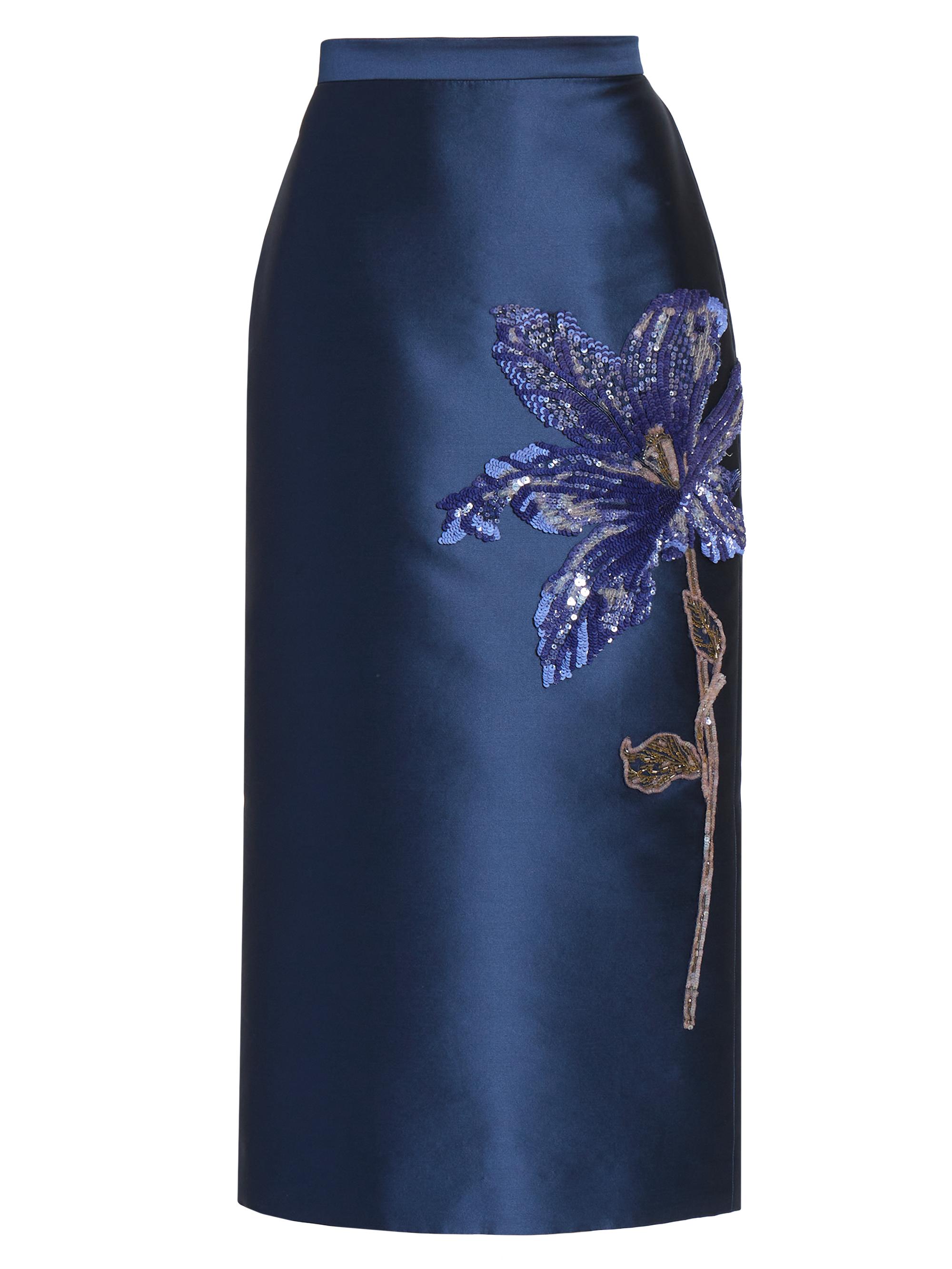 Erdem Women's Sequined Floral Satin Midi Pencil Skirt - Navy