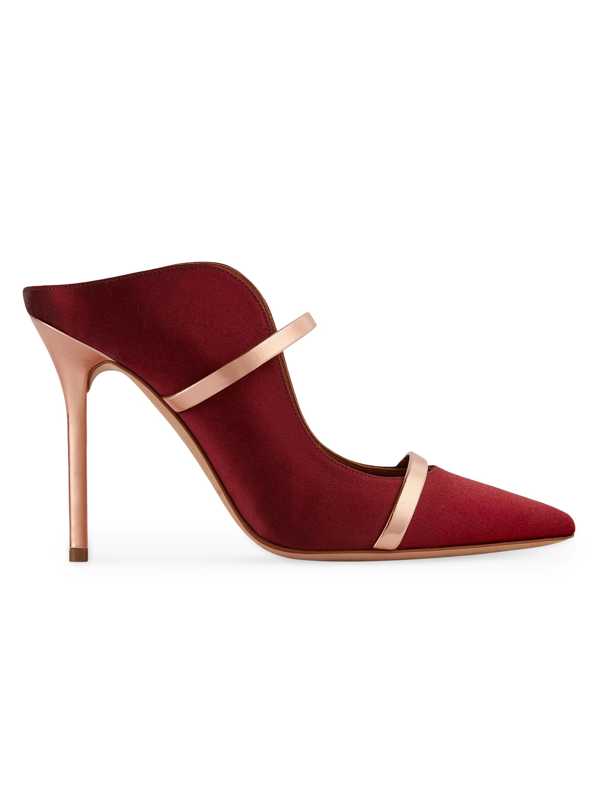 Malone Souliers Women's Maureen 100MM Satin Mules with Mirror Leather Straps - Wine Red