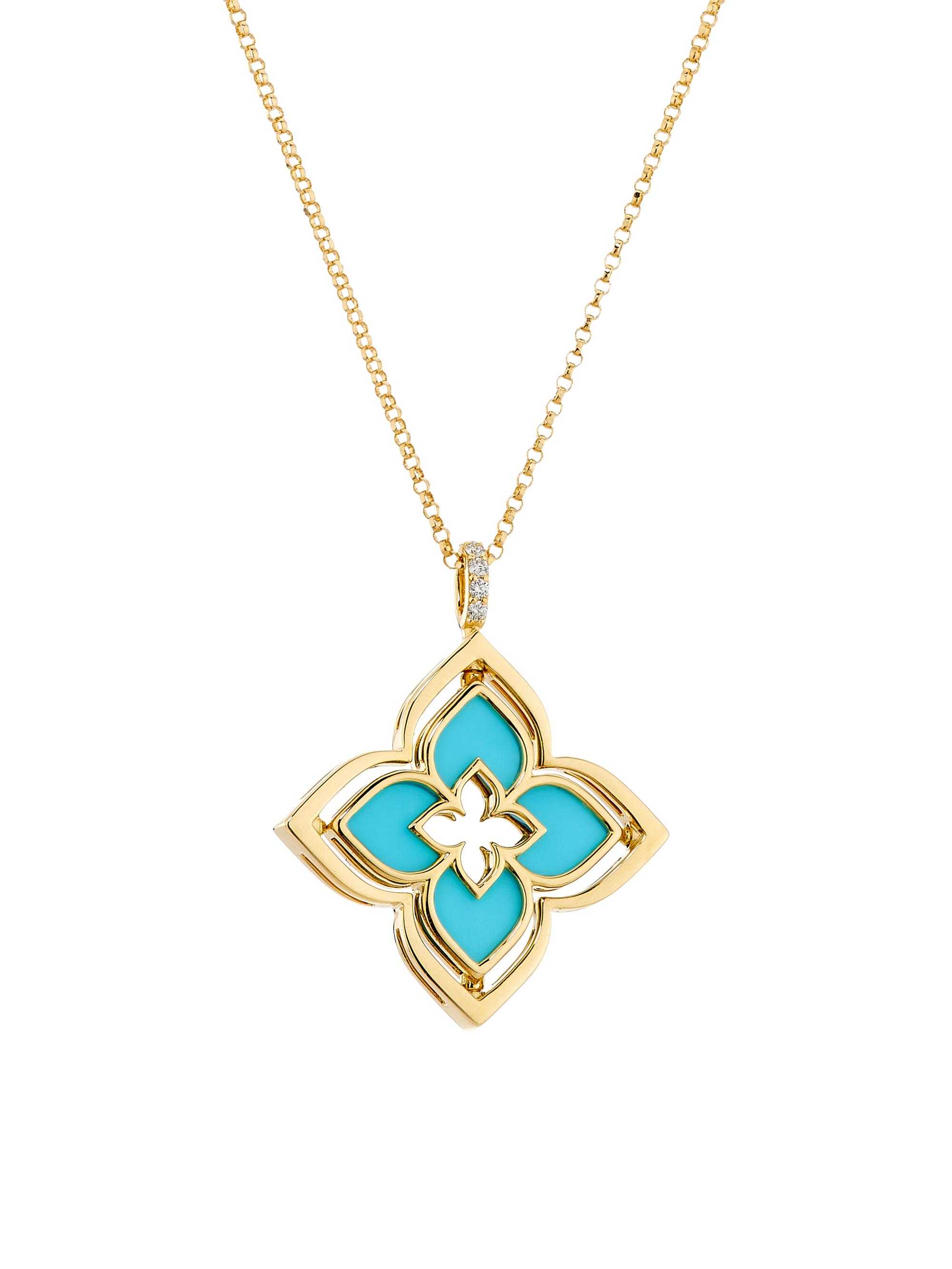 Roberto Coin Women's Venetian Princess 18K Yellow Gold, Turquoise & 0.12 TCW Diamond Pirouette Flower Pendant Necklace - Yellow Gold