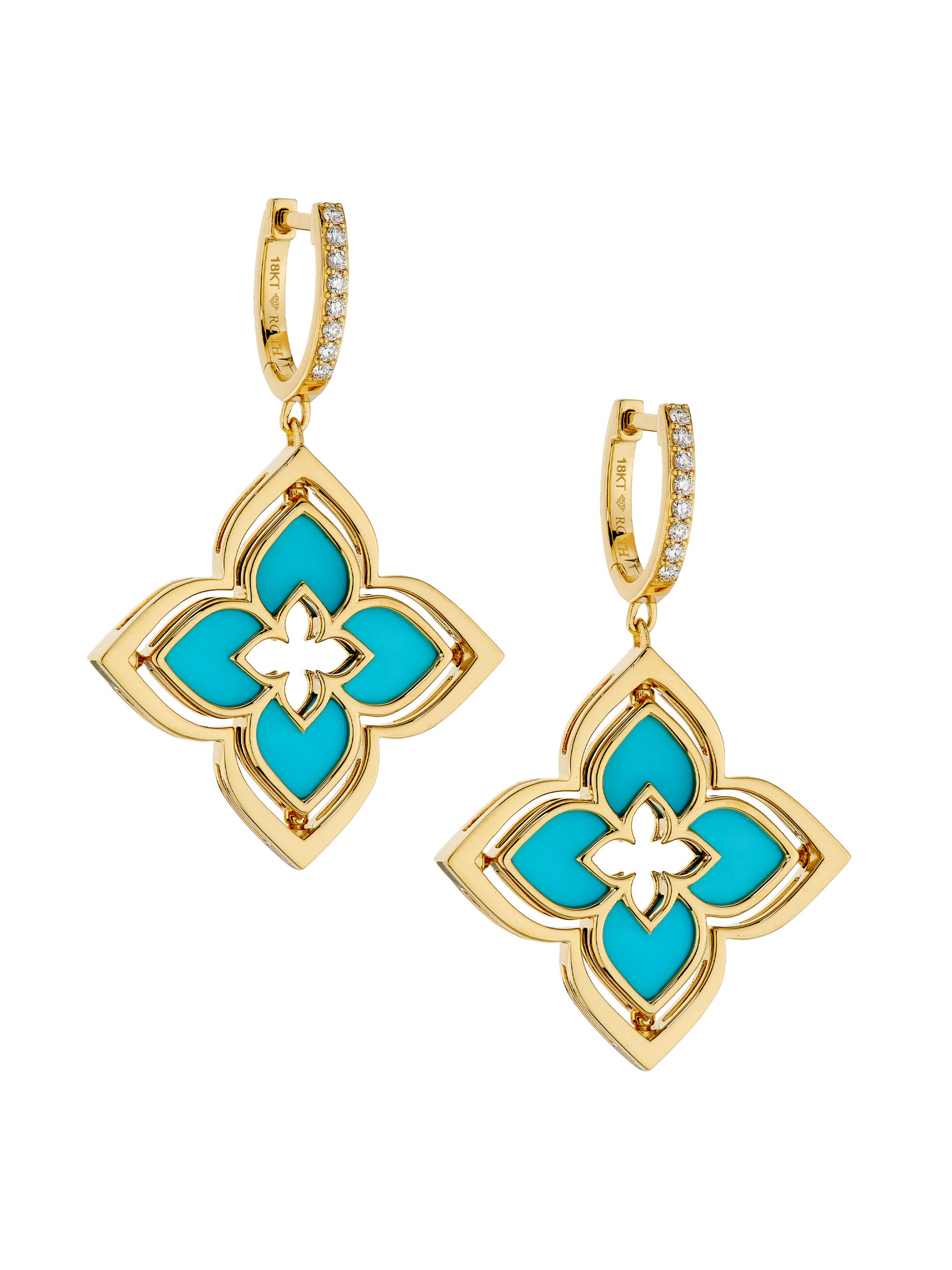 Roberto Coin Women's Venetian Princess 18K Yellow Gold, Turquoise & 0.19 TCW Diamond Pirouette Flower Drop Earrings - Yellow Gold