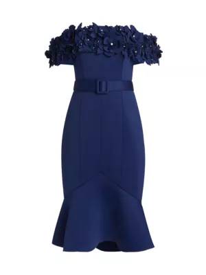 Badgley Mischka Women's Off-The-Shoulder Floral Neoprene Cocktail Dress - Navy