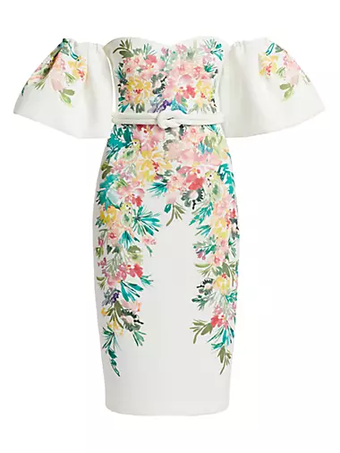 Floral Scuba Off-The-Shoulder Cocktail Dress
