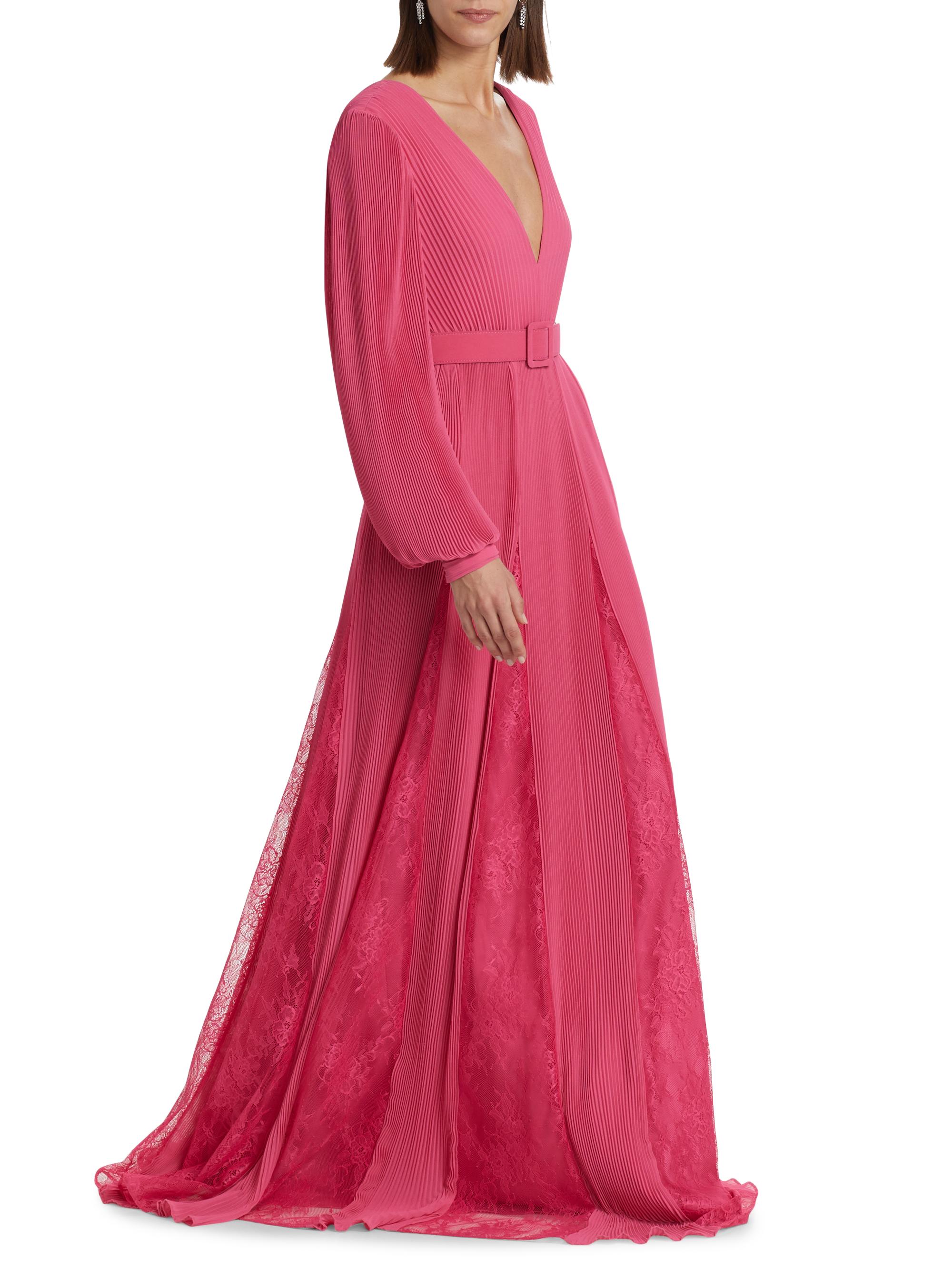 Badgley Mischka Women's Pleated Lace Godet Gown - Pink - Gowns