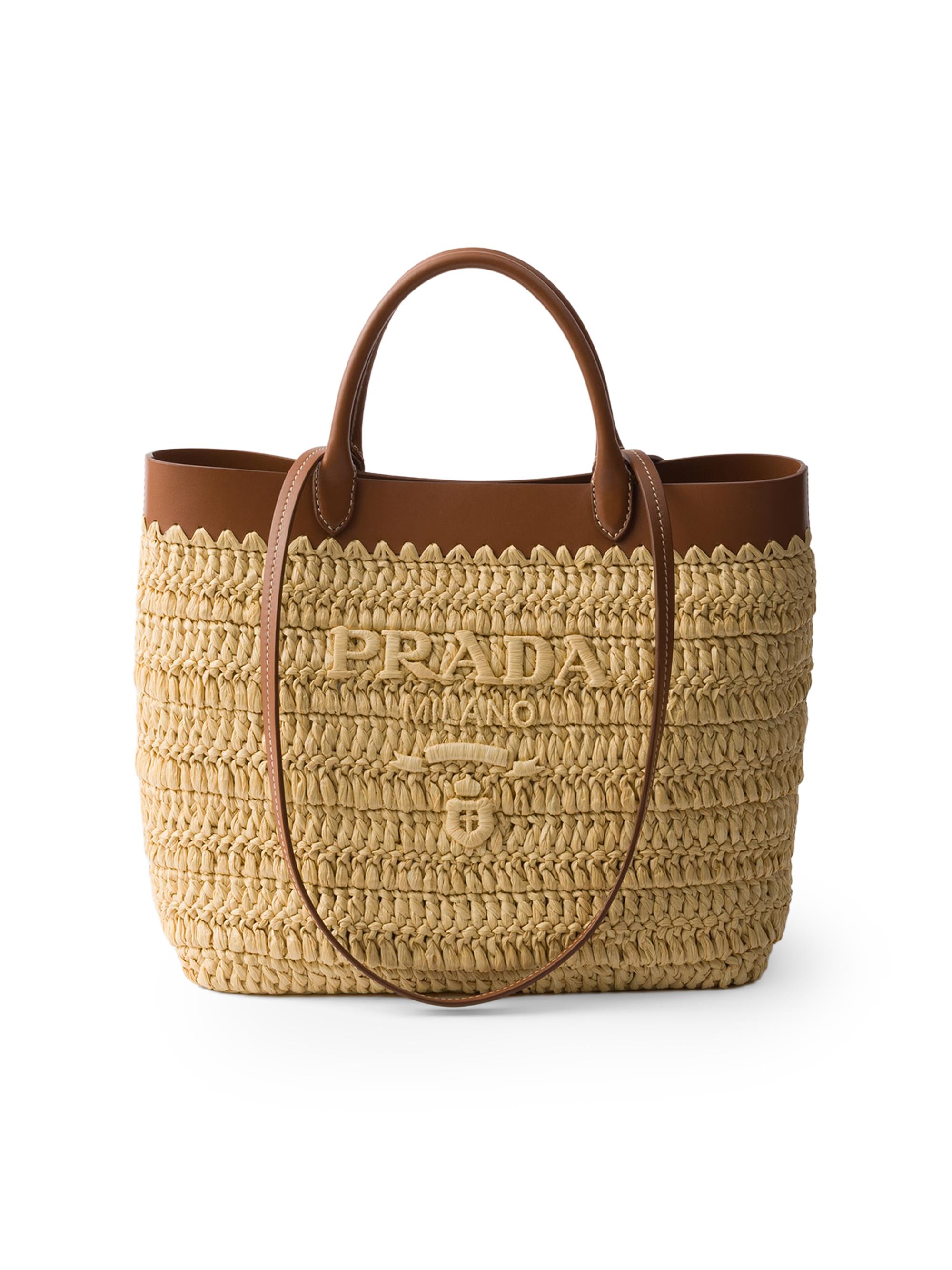 Prada Women's  Woven Fabric and Leather Tote Bag - Beige Brown