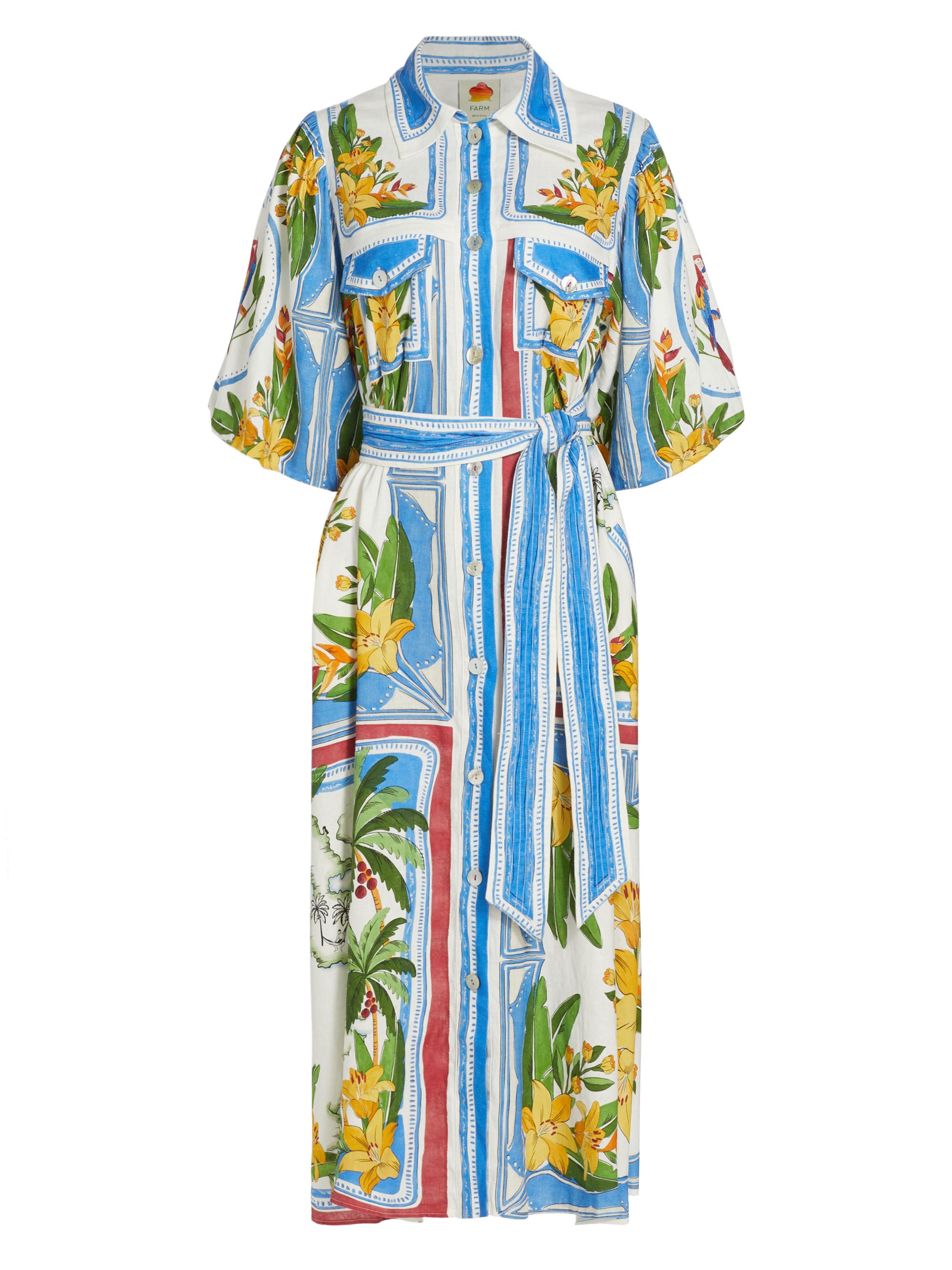 Farm Rio Women's Tropical Destination Linen-Blend Belted Midi-Dress - Off White