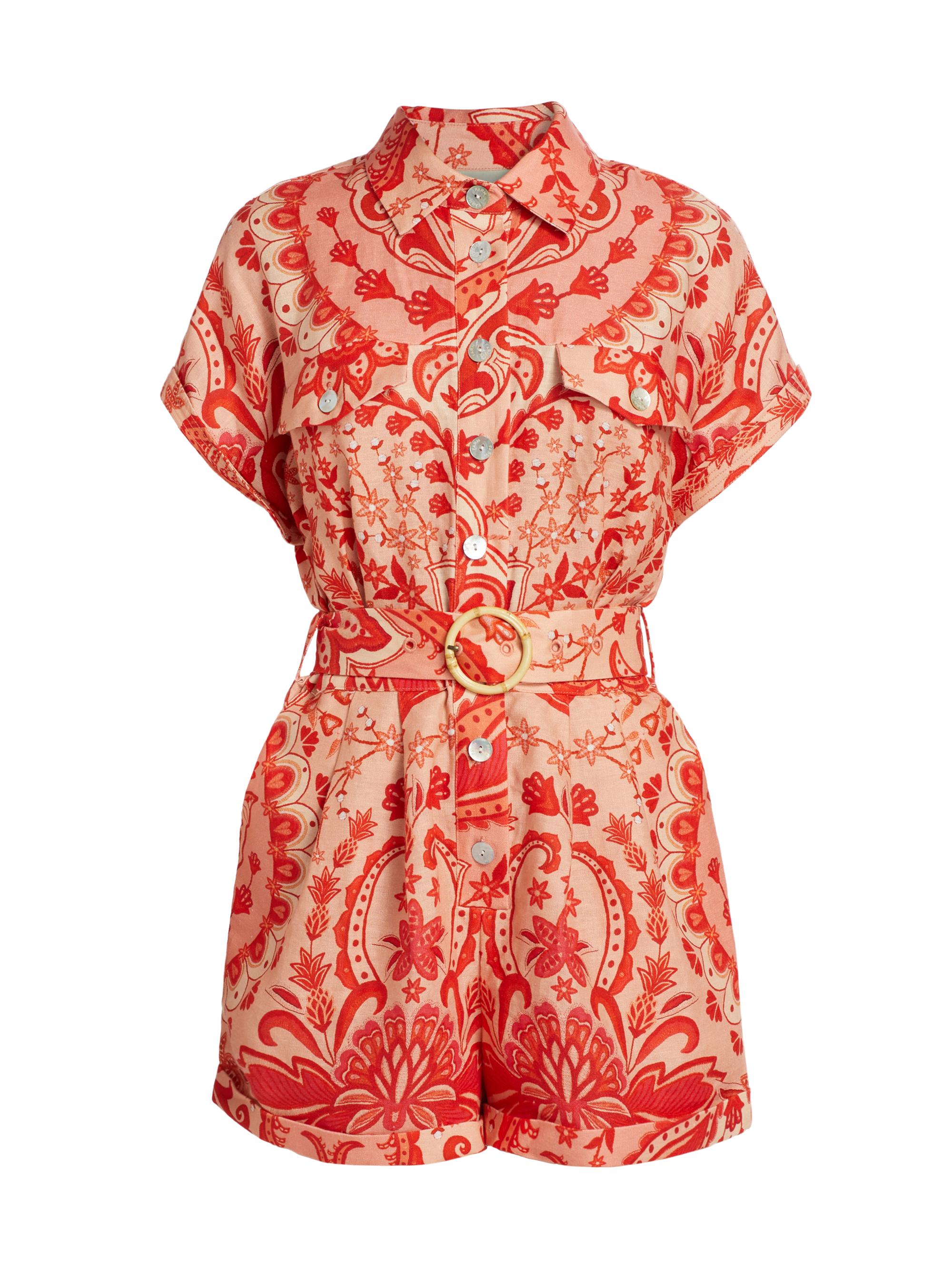 Farm Rio Women's Jaipur Linen Belted Romper - Red