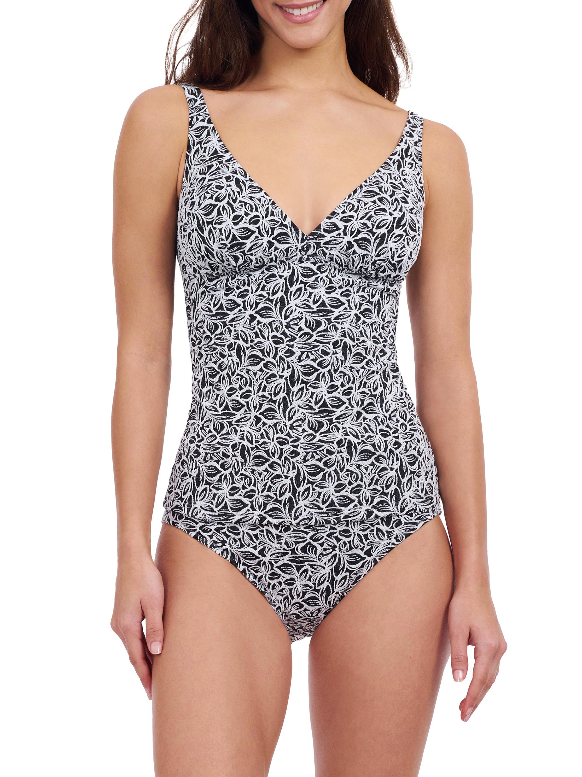 Gottex Swimwear Women's Plumeria Floral V-Neck Tankini Top - Black White