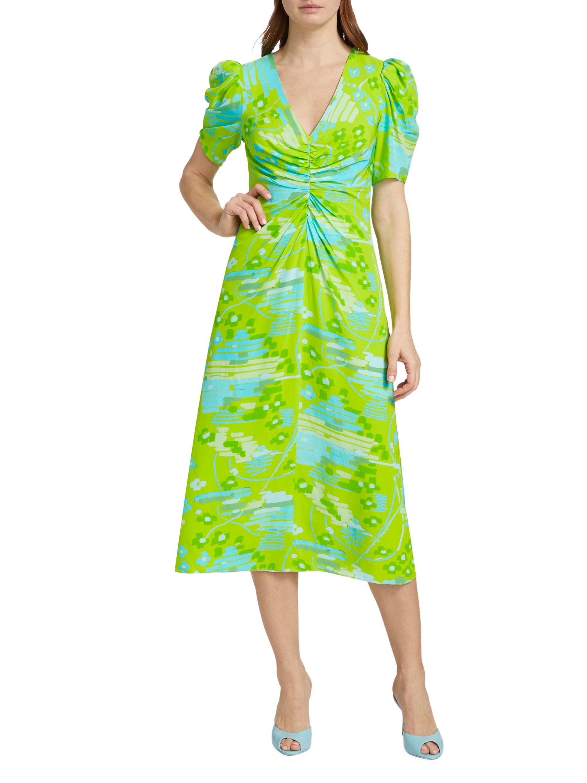 Rhode Maci Geometric Puff-Sleeve Midi-Dress - Electric Eden - 4