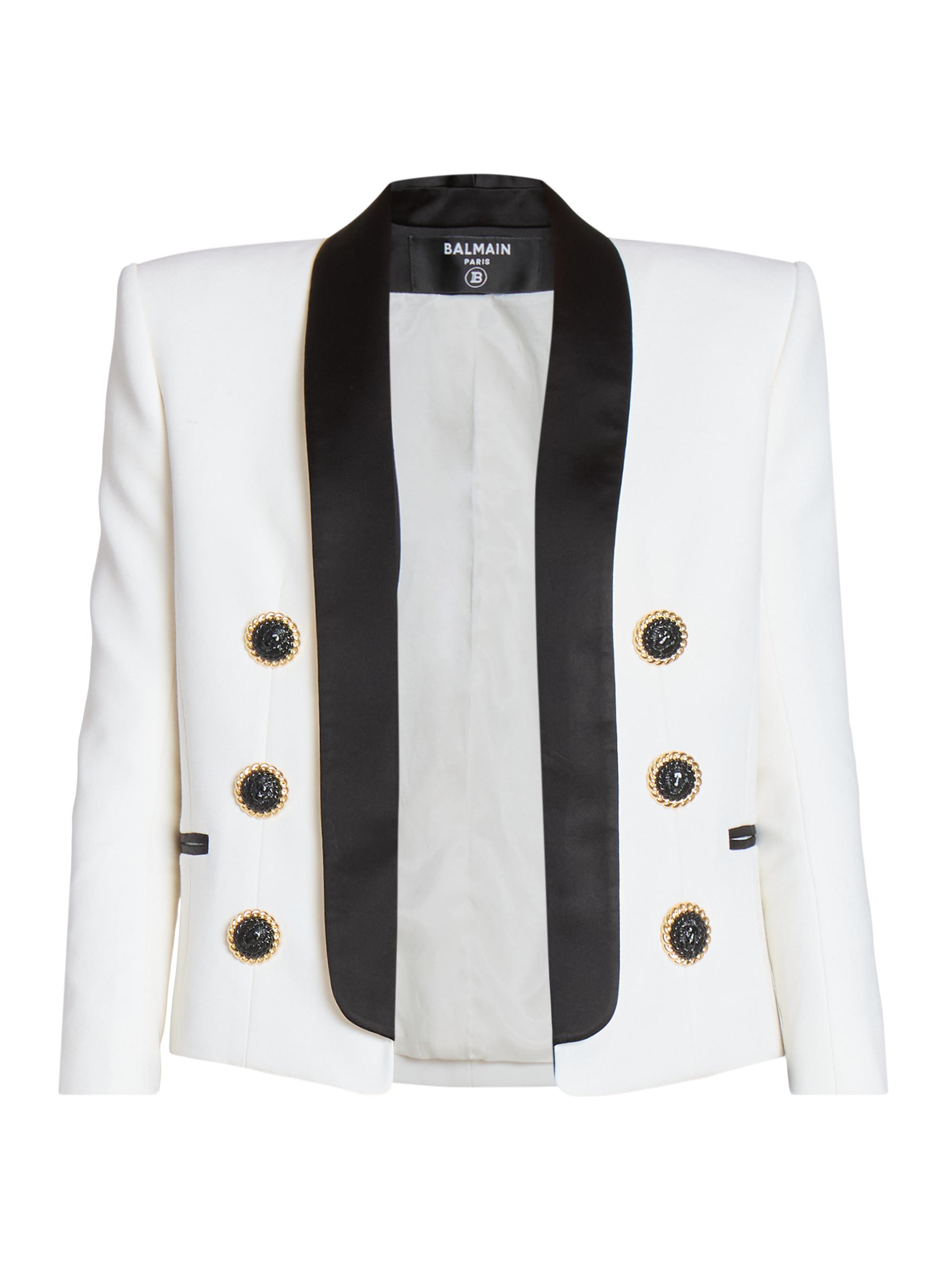 Balmain Women's Satin Lapel Wool Open Jacket - Blanc Noir