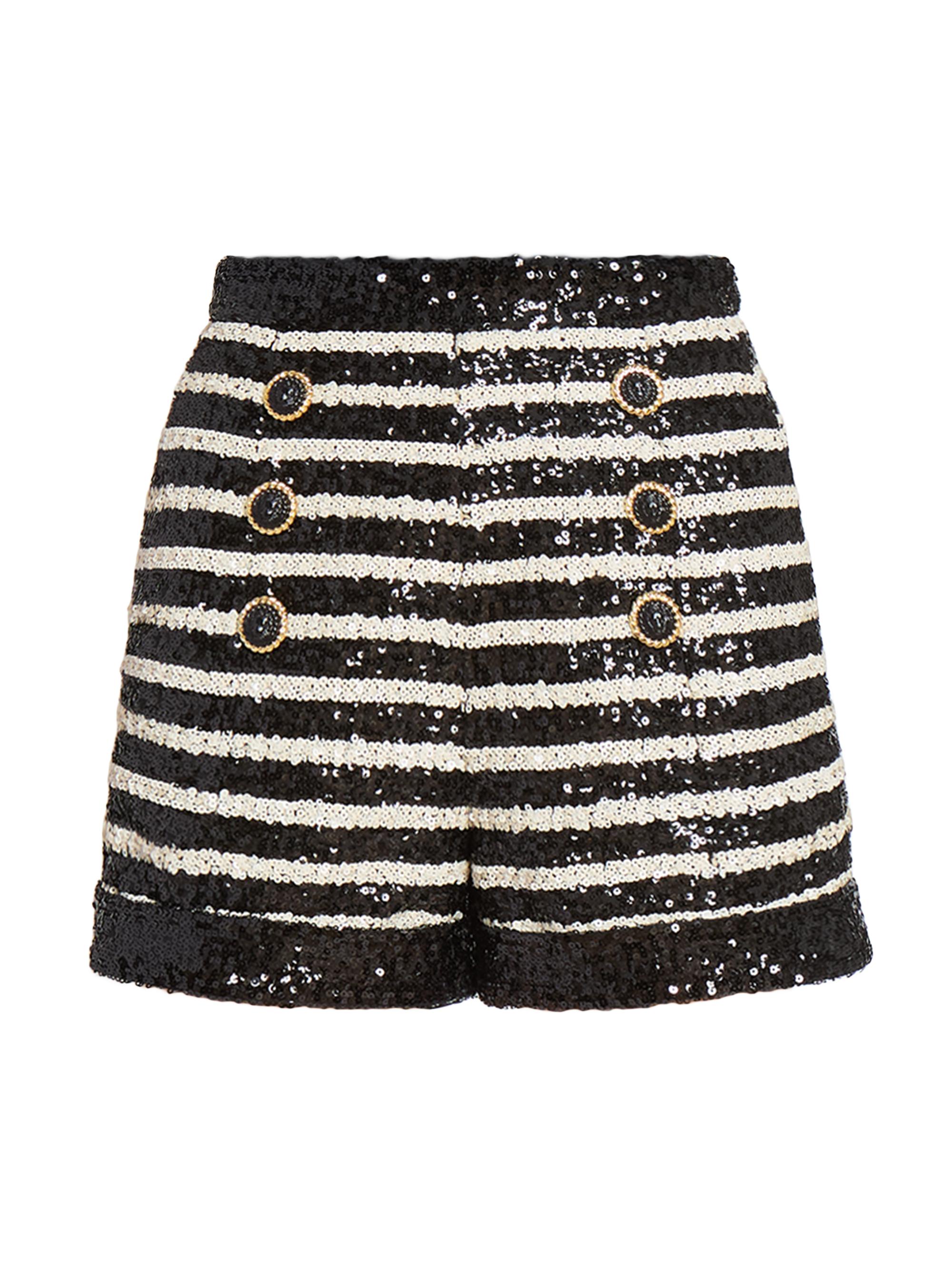 Balmain Women's Sequined Striped High-Waist Shorts - Noir Blanc