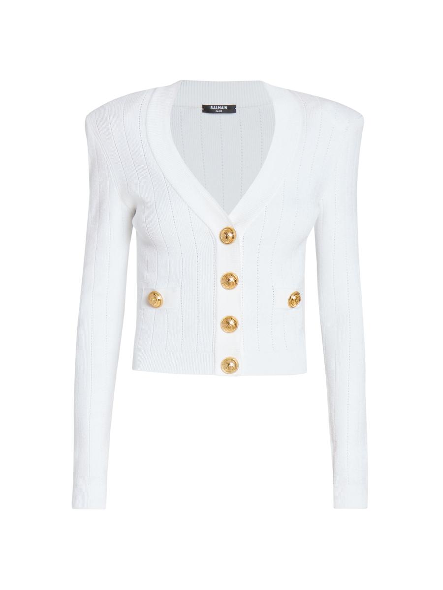 Balmain Rib-Knit Padded Shoulder Cardigan | Saks Fifth Avenue