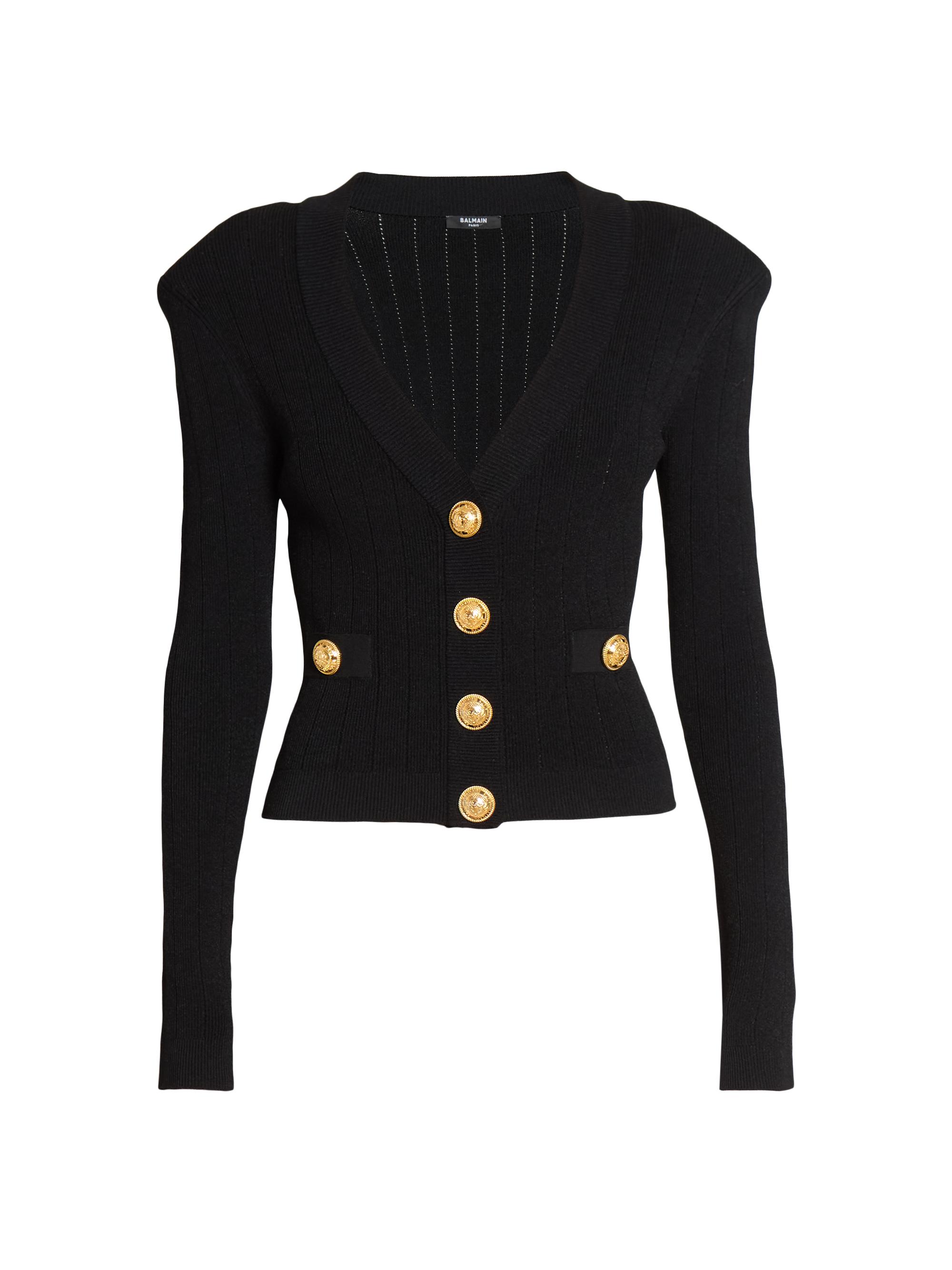 Balmain Rib-Knit Padded Shoulder Cardigan | Saks Fifth Avenue