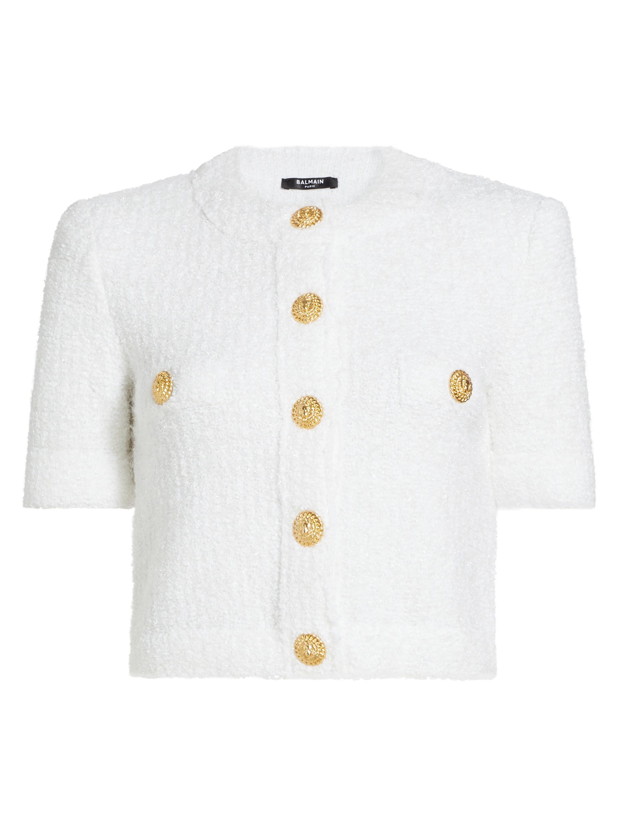 Balmain Women's Metallic Knit Crop Cardigan - Blanc