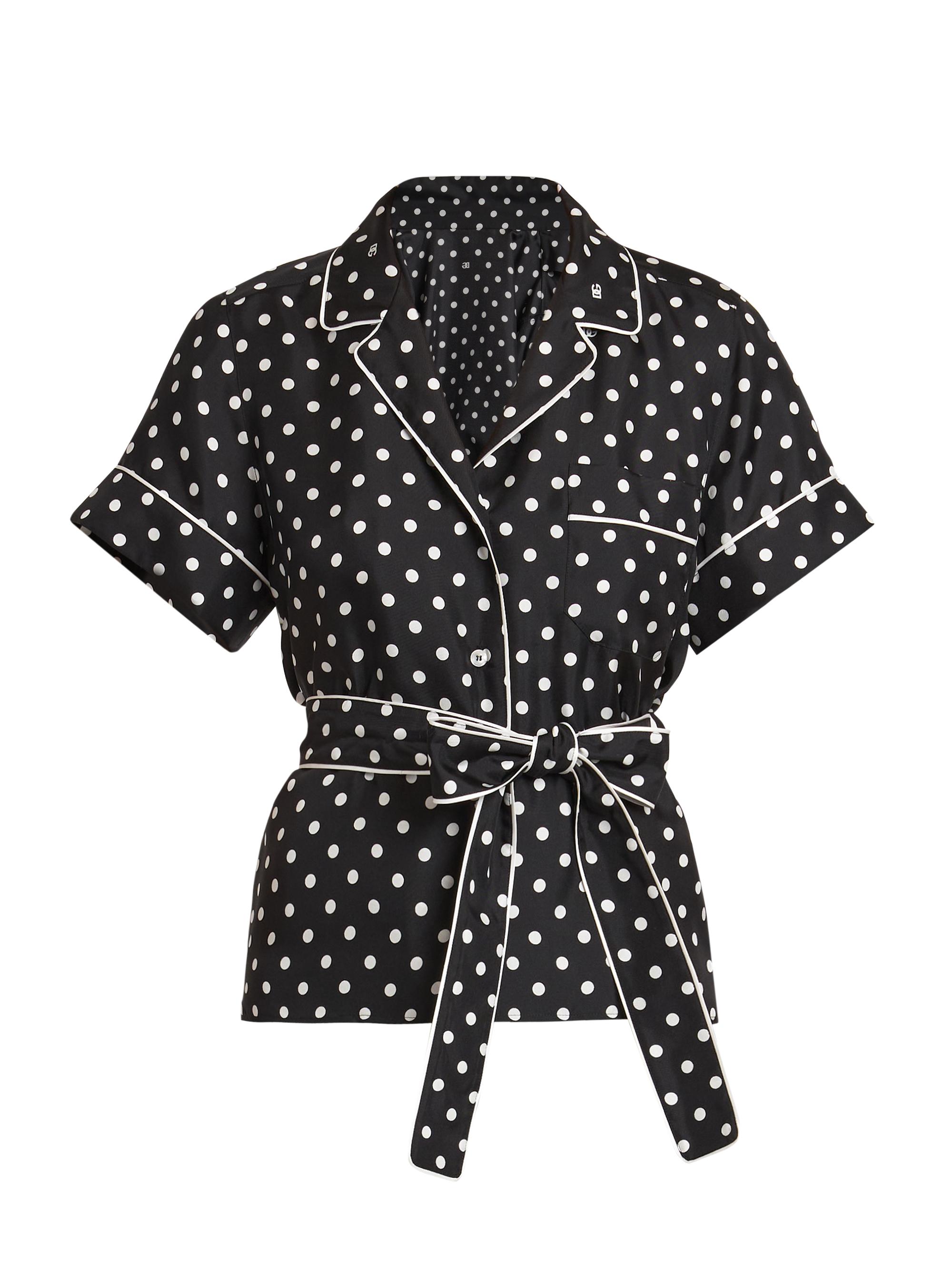 Dolce & Gabbana Women's Polka-Dot Silk Belted Pajama Shirt - Black White