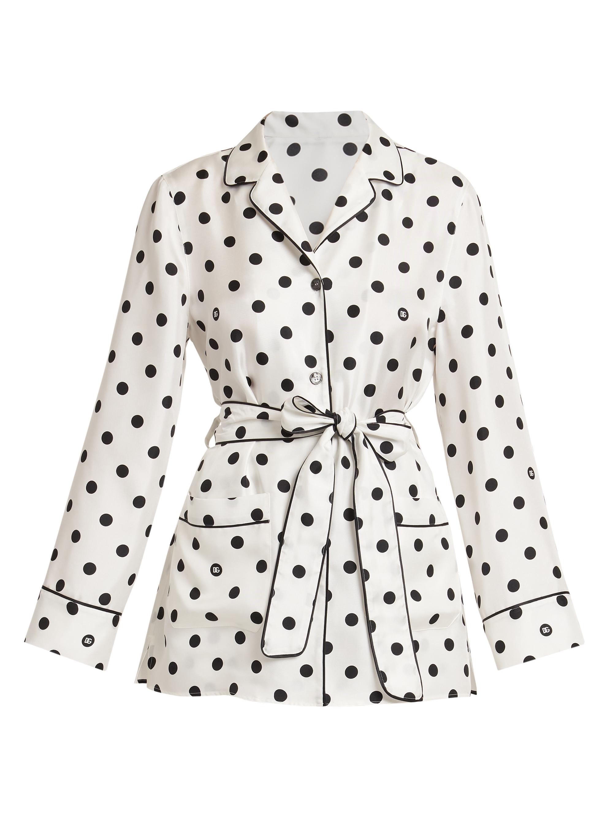 Dolce & Gabbana Women's Polka Dot Silk Belted Pajama Top - White Black