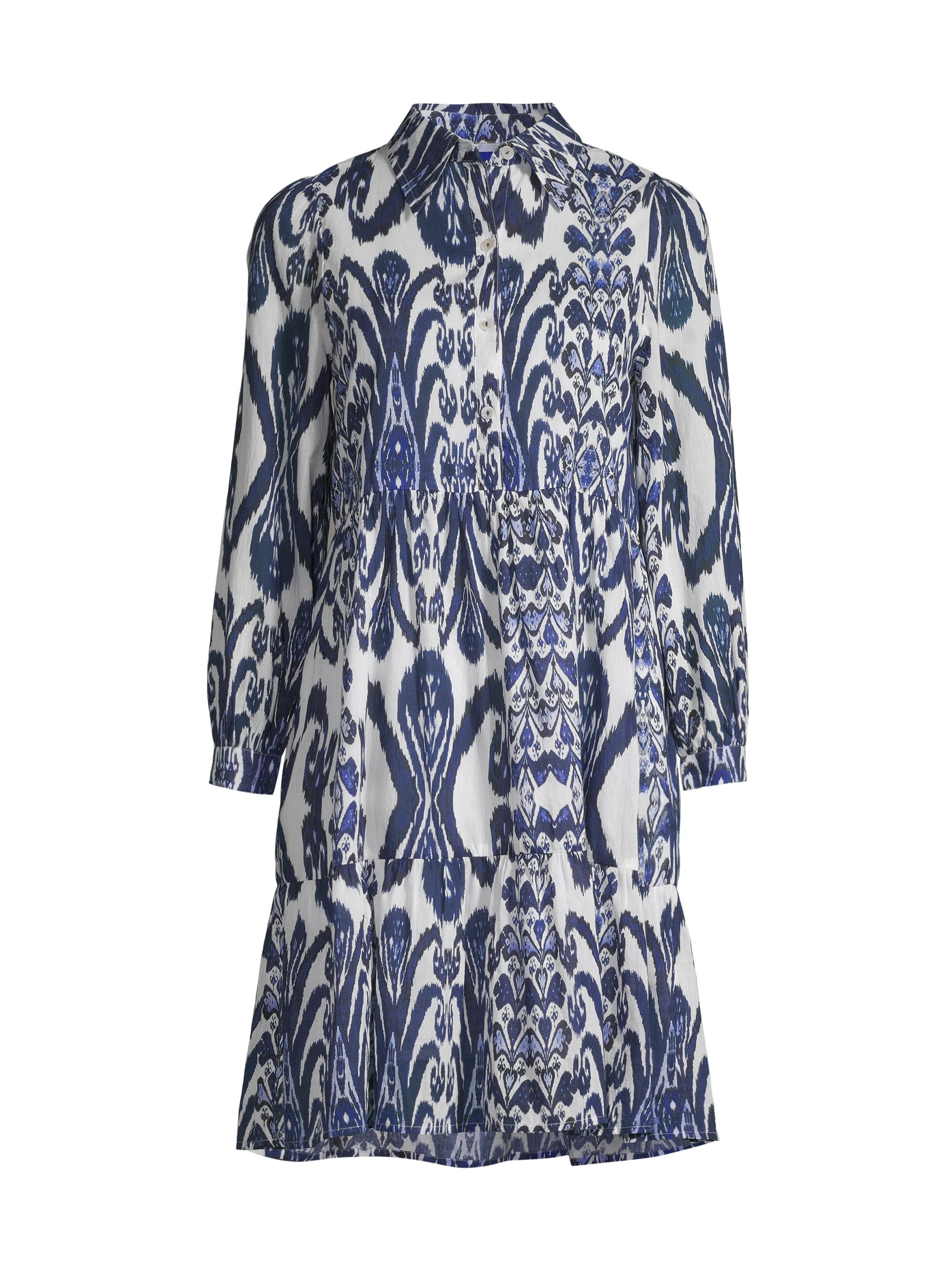 Ro's Garden Women's Romy Cotton Ikat-Inspired Shirtdress - Blue Kyoto