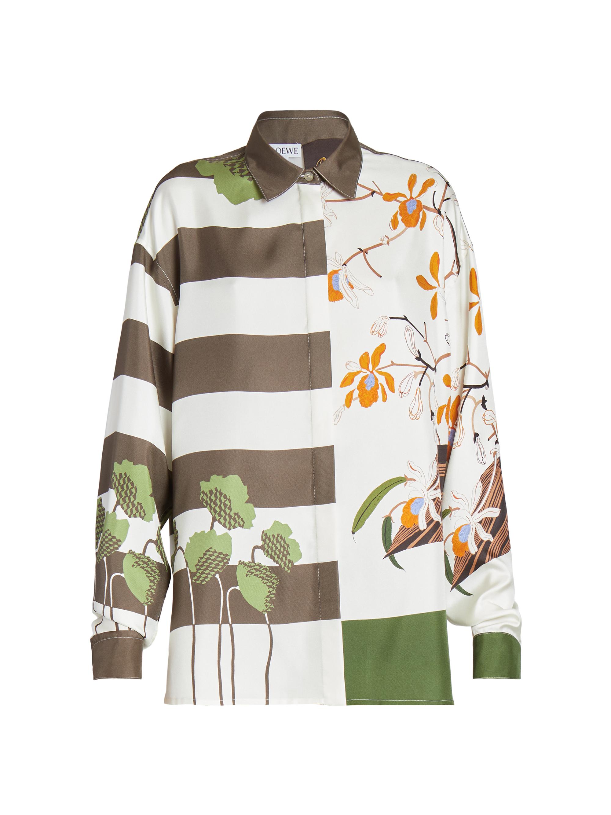 LOEWE Women's  x Paula's Ibiza Striped Floral Silk-Blend Shirt - Off White Khaki Green Multi