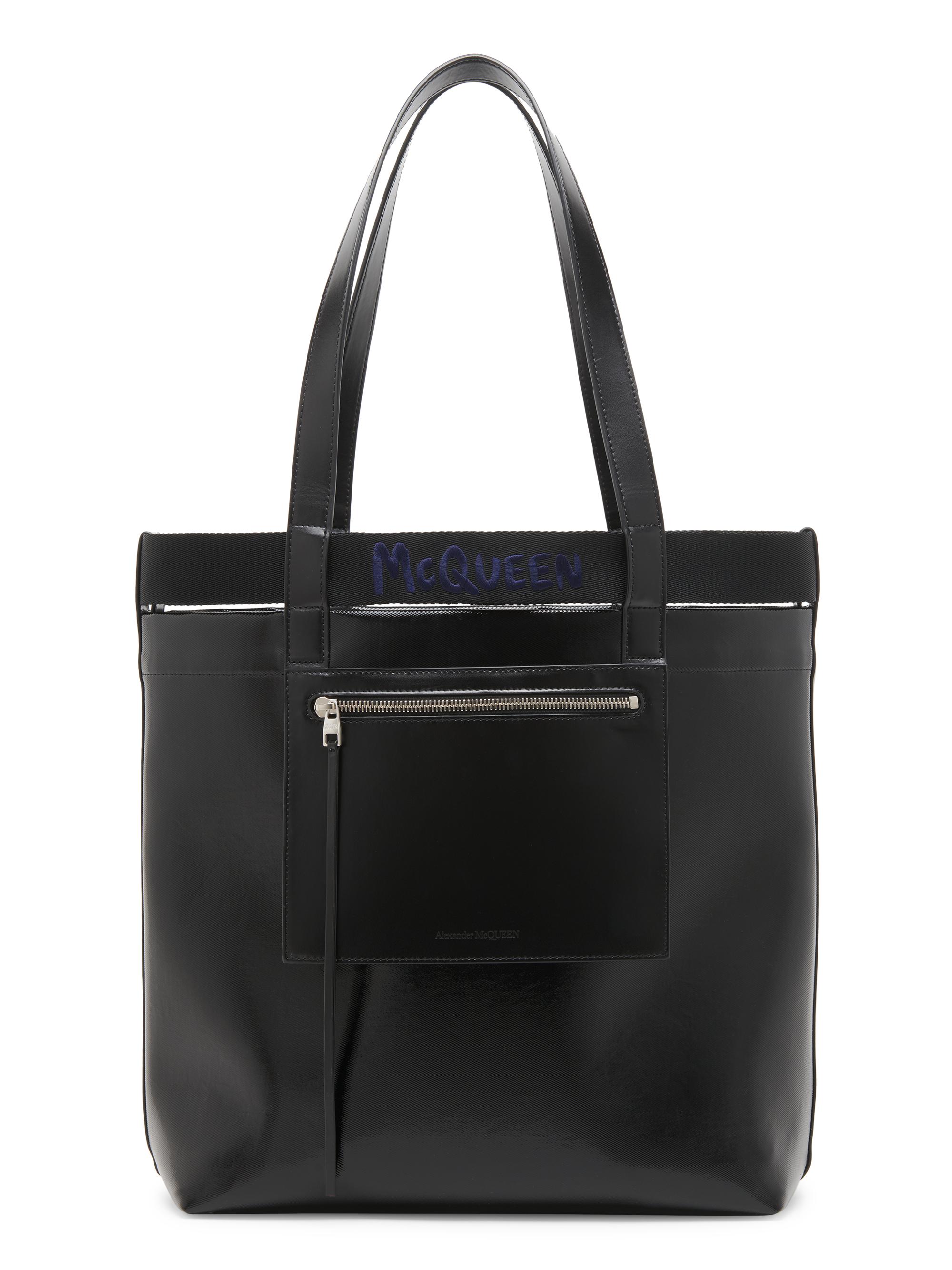McQueen Men's North-South Logo Leather Shopper Tote - Black Blue