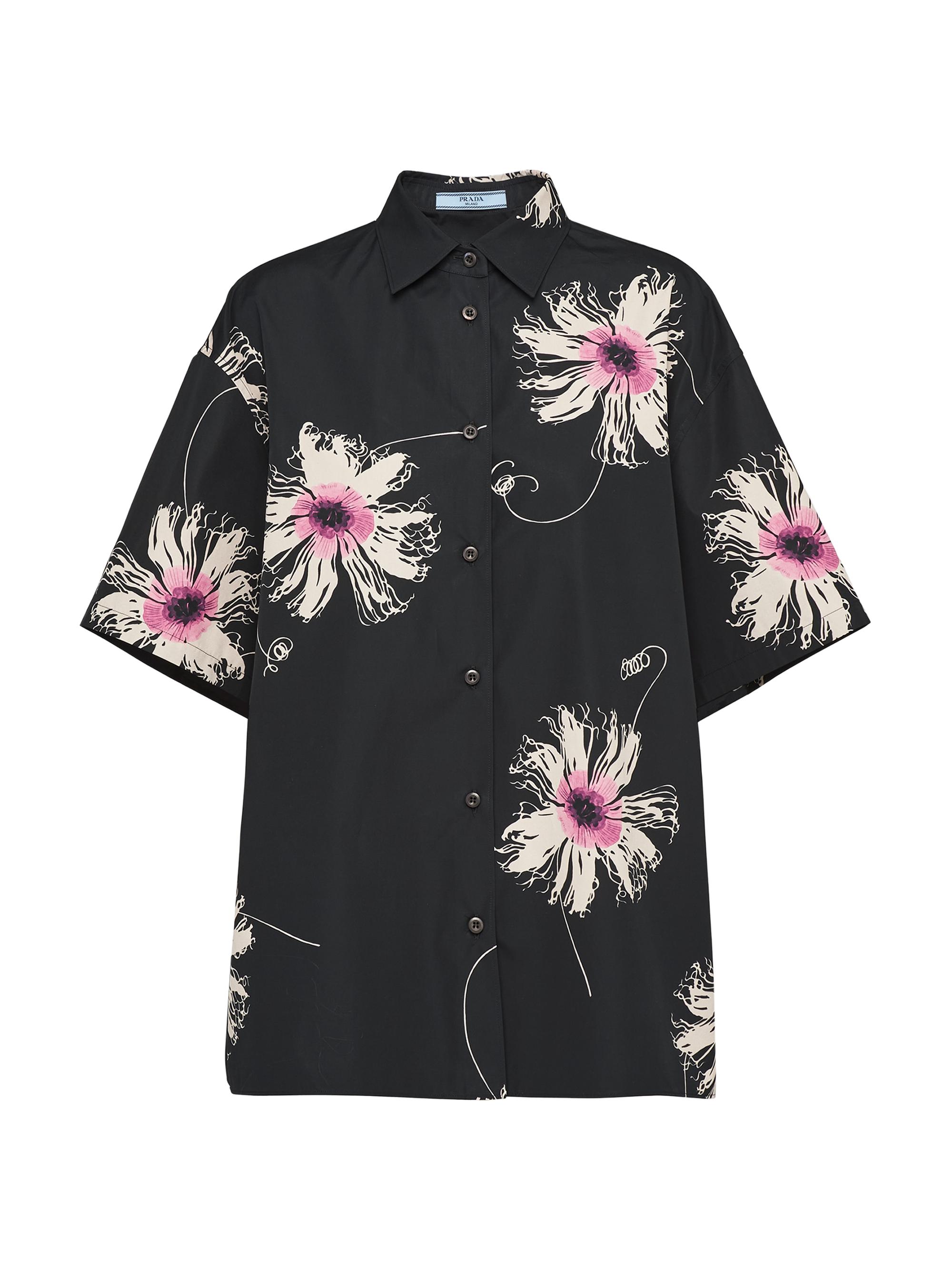 Prada Women's Short-sleeved Printed Poplin Shirt - Black
