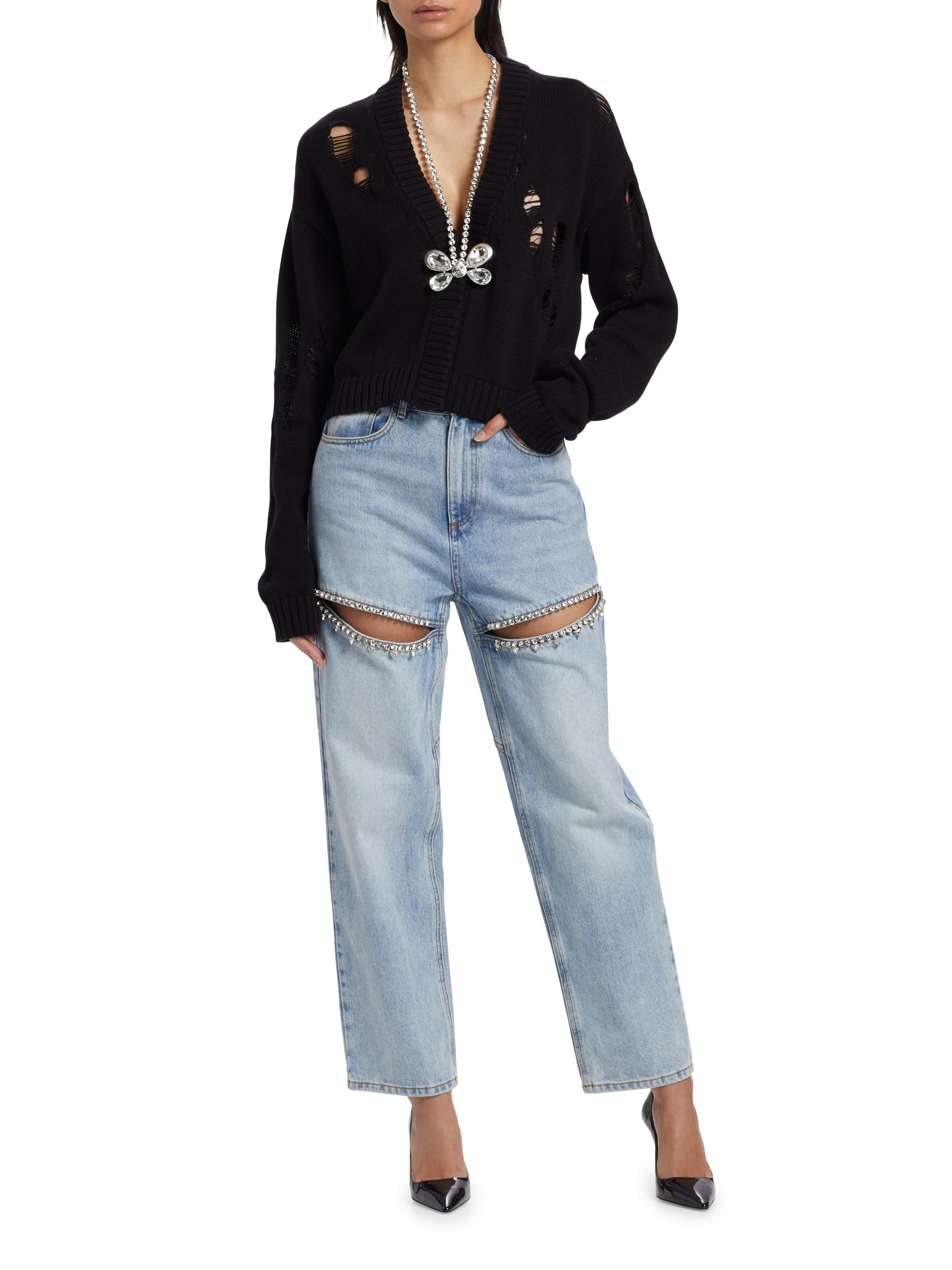 Area Women's Crystal-Embellished Butterfly Cotton & Cashmere Distressed Cardigan - Black