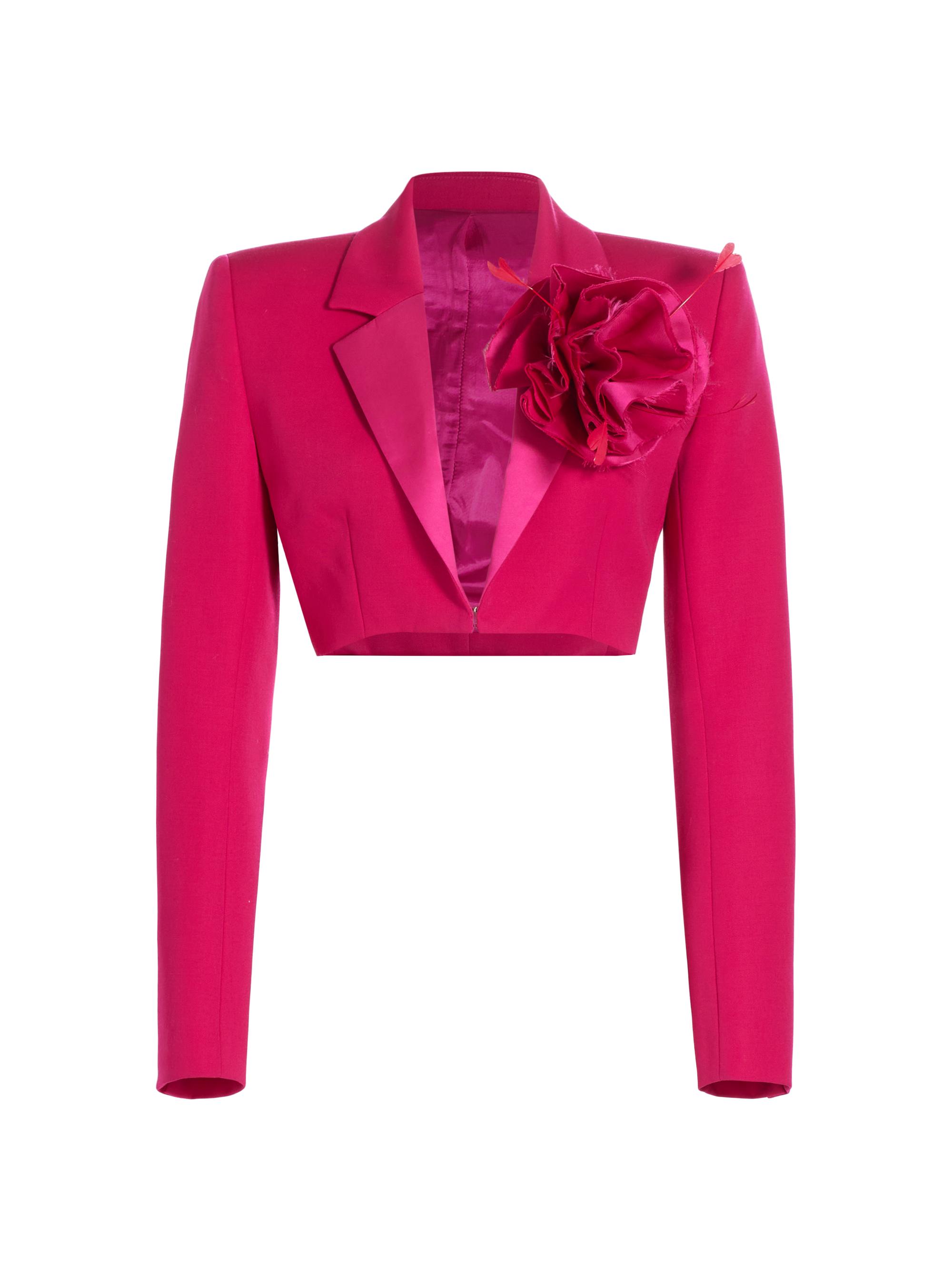 Area Women's Rosette Corsage Wool Crop Blazer - Raspberry