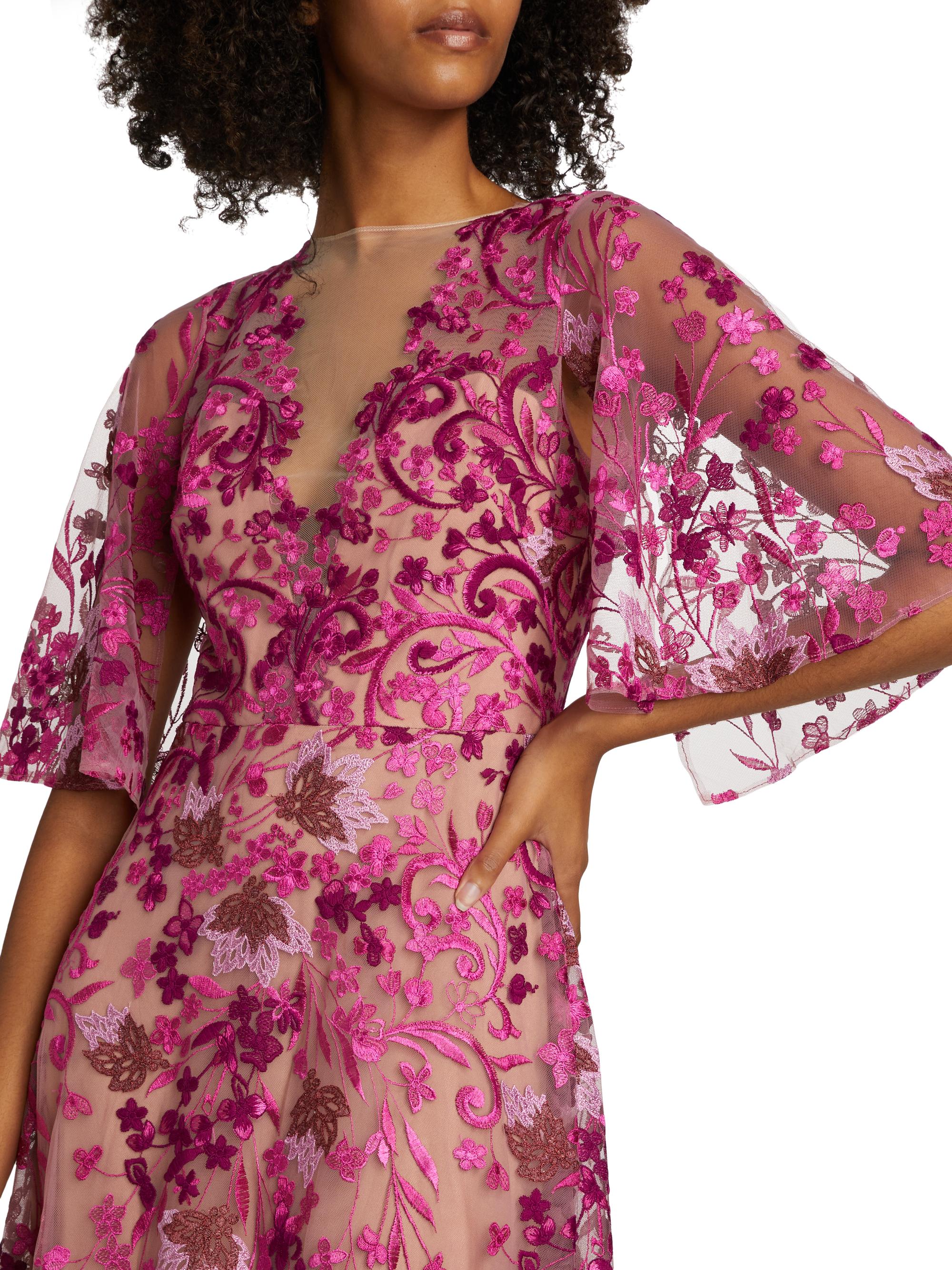 Marchesa Notte Embroidered Floral Tulle A-Line Gown | Saks Fifth