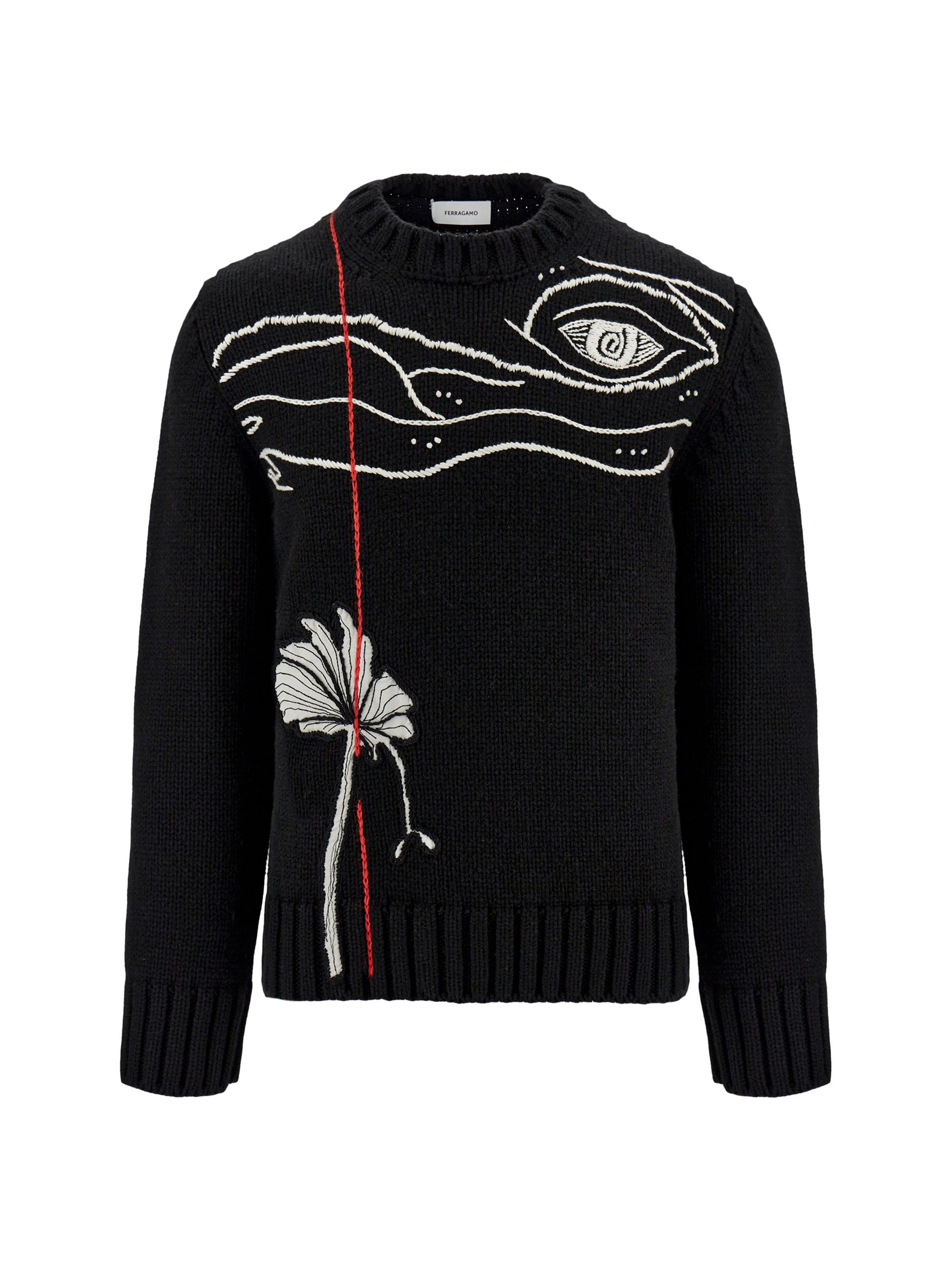 FERRAGAMO Men's Embroidered Knit Crewneck Sweater - Nero