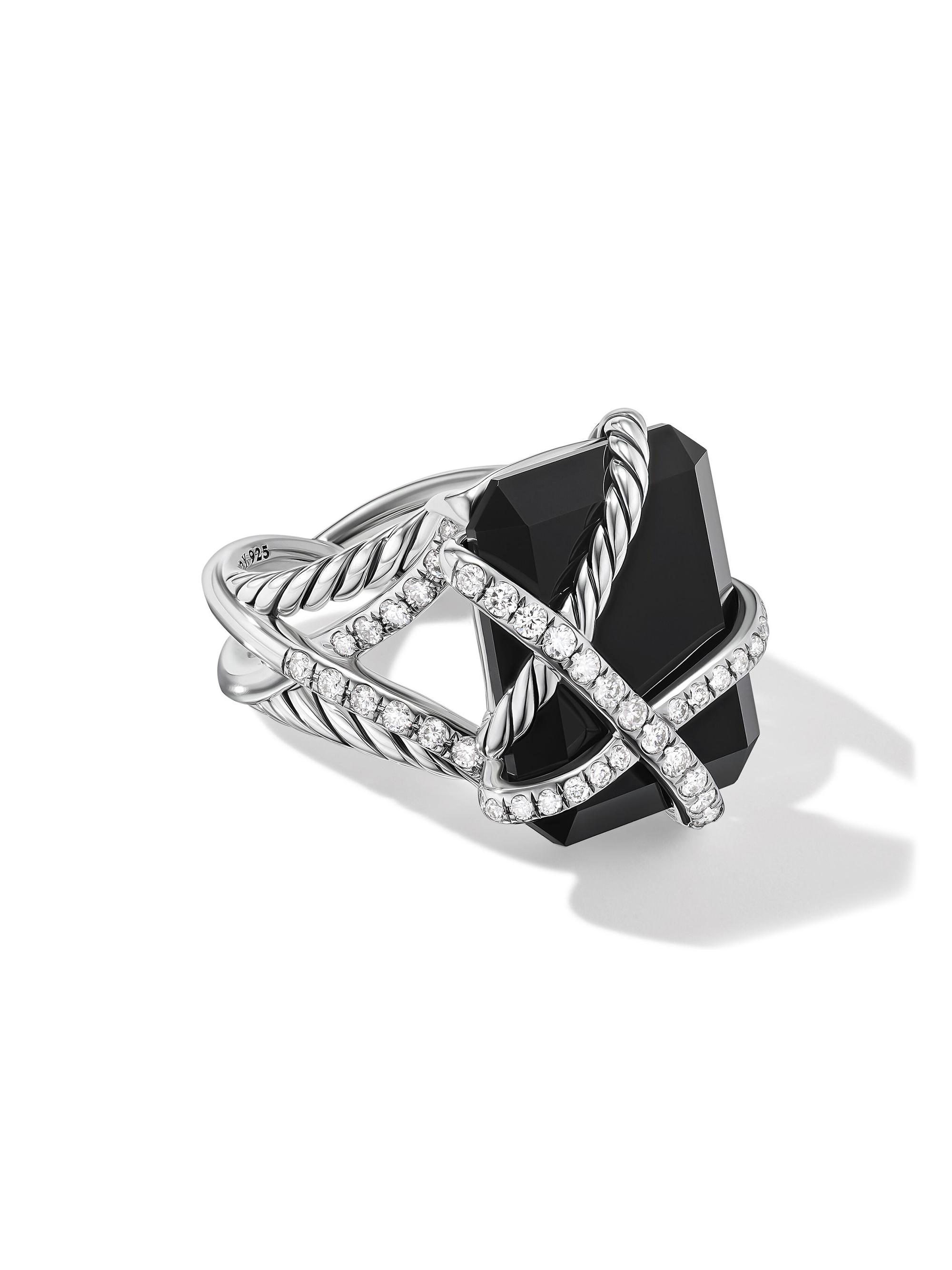 David Yurman Women's Crystal Cable Wrap Ring in Sterling Silver - Black Onyx