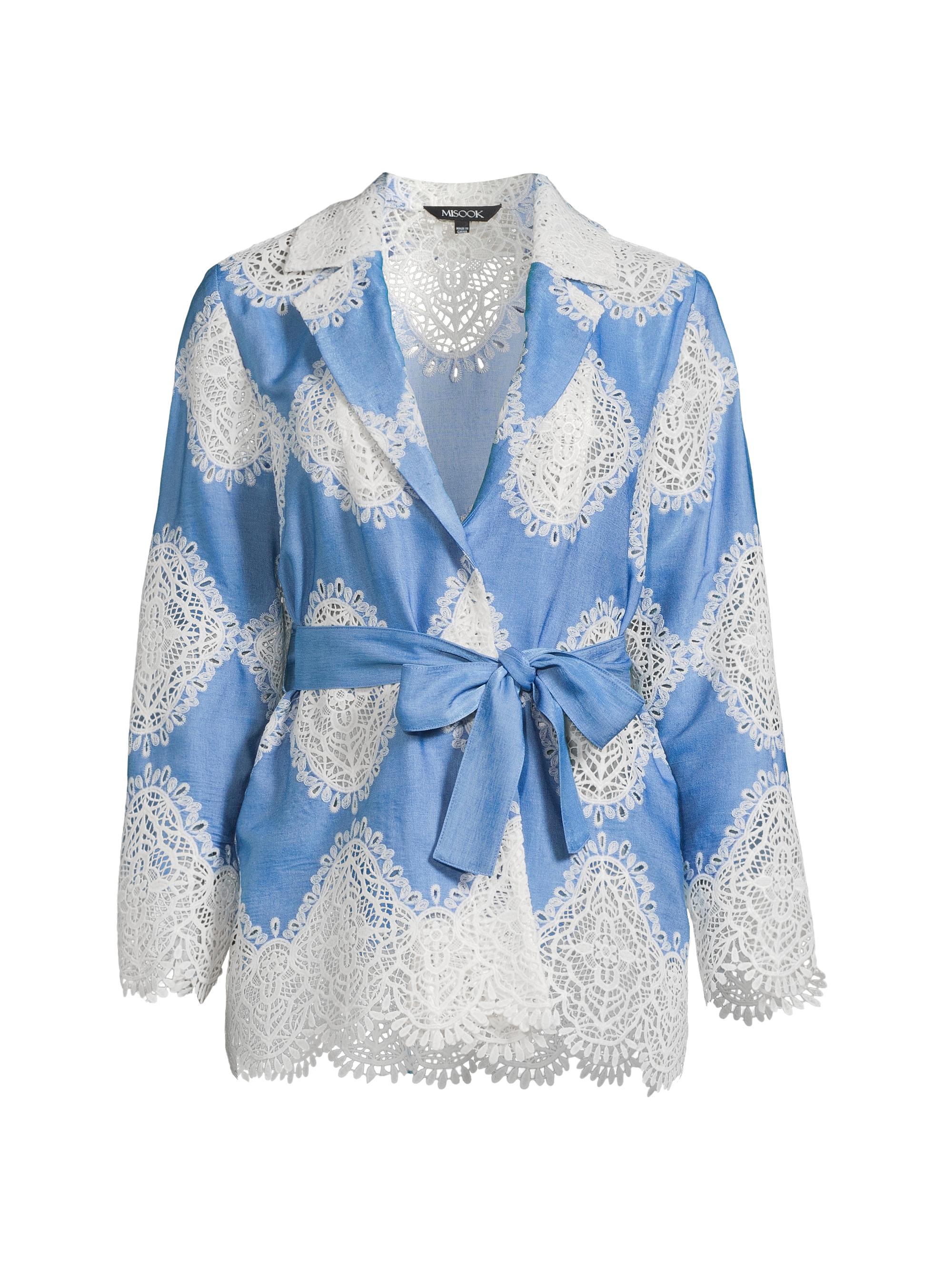 Misook Women's Belted Lace-Appliqued Heritage Blazer - Adriatic Blue White