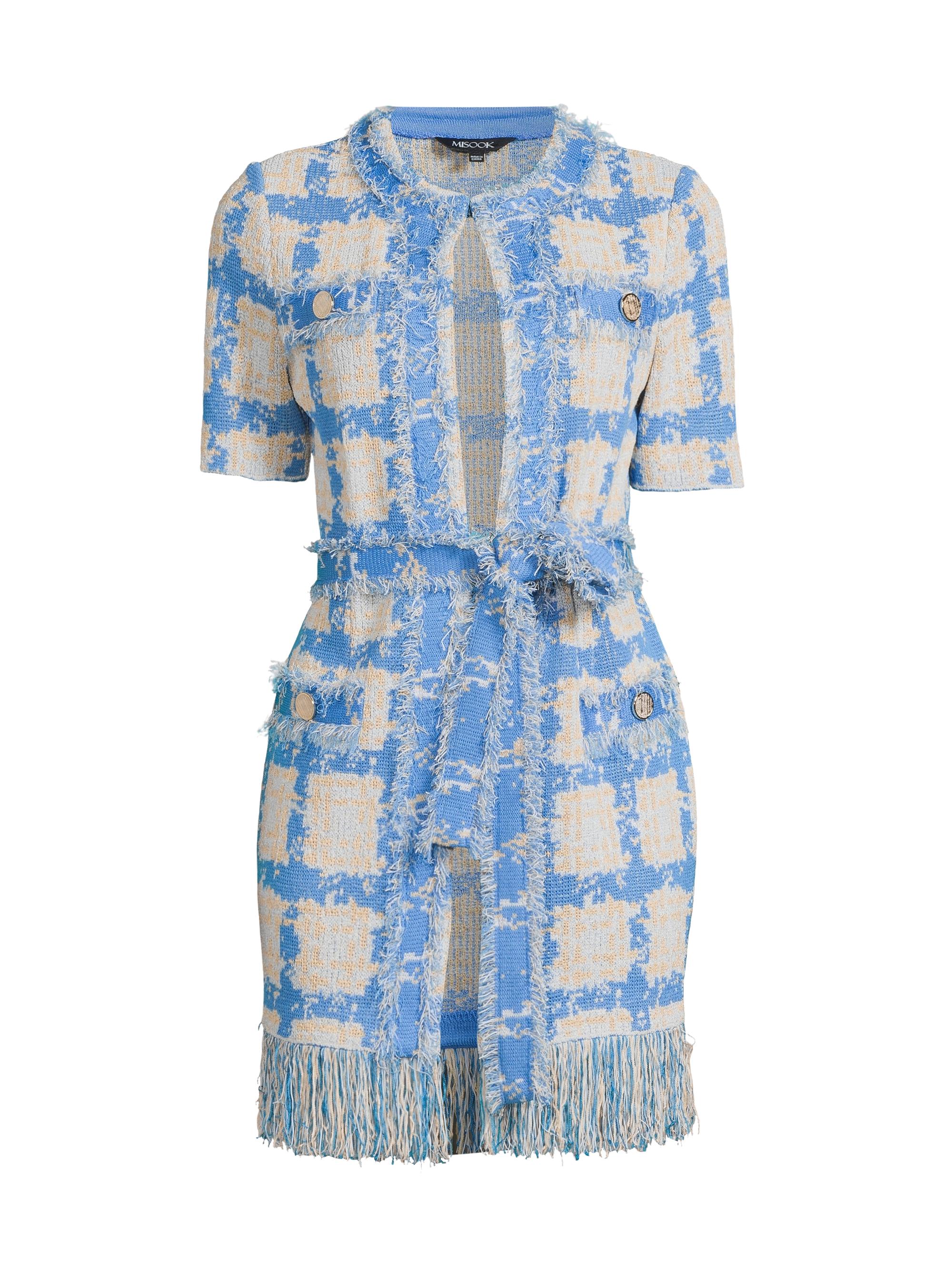 Misook Women's Windowpane Fringe Tweed Jacket - Adriatic Blue Parchment