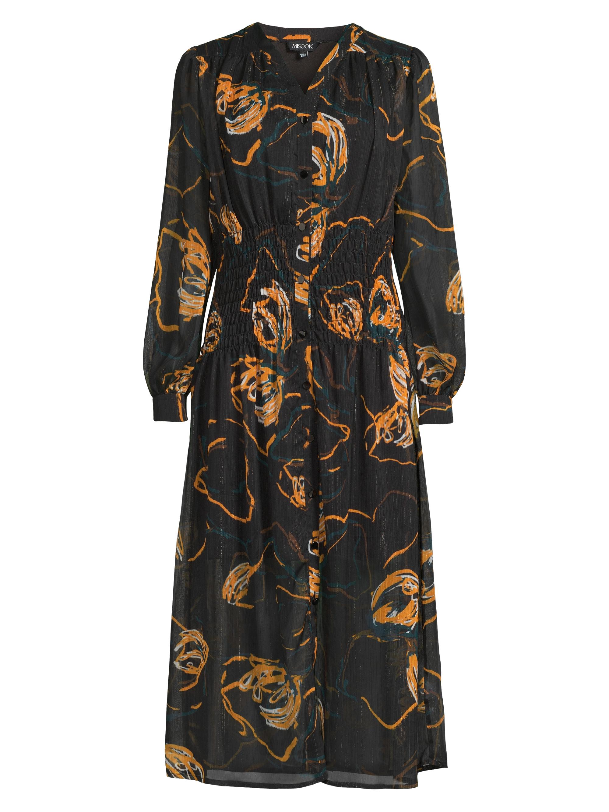 Misook Women's Geometric Chiffon Smocked Midi-Dress - Black Ochre Spruce
