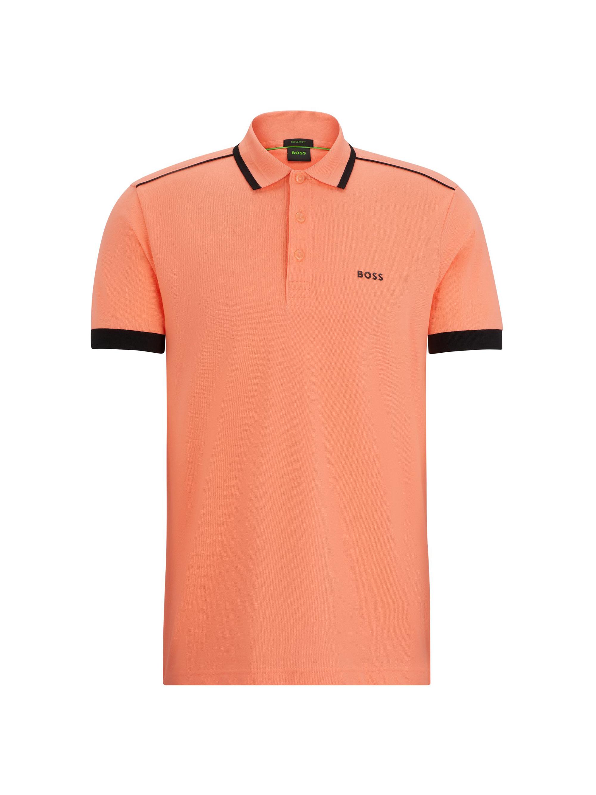 BOSS Men's Cotton Pique Polo Shirt with Contrast Stripes and Logo - Peach