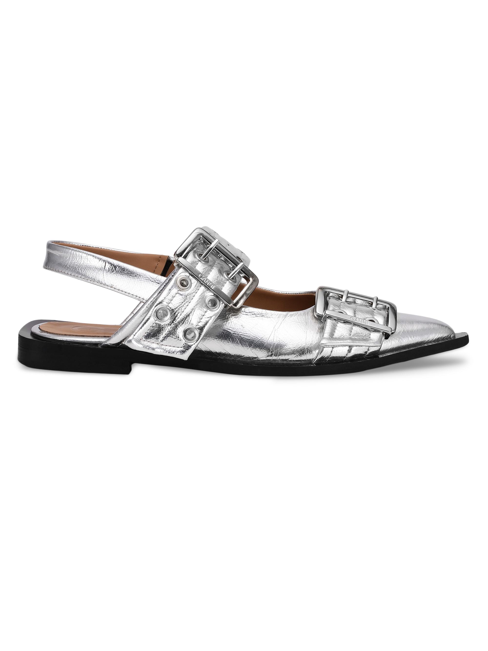 Ganni Women's Feminine Buckle Metallic Leather Ballerina Flats - Silver