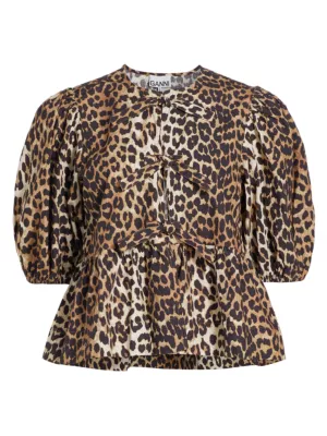 2pcs Baby Girl Leopard Puff-sleeve Shirred Seersucker Top and Shorts Set