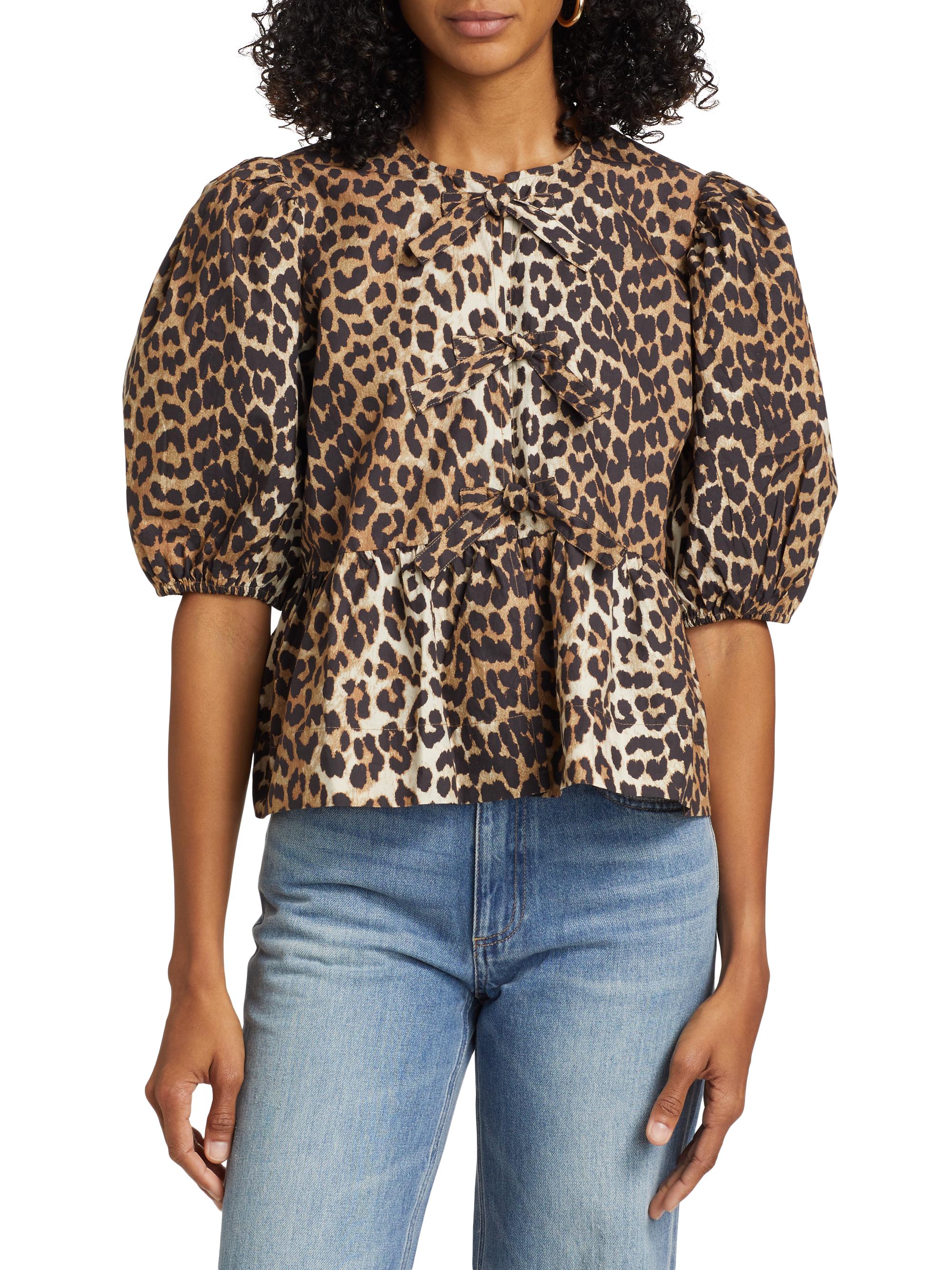 ★Leopard Cotton Poplin Peplum Blouse★ Leopard Leopard Cotton Poplin Peplum Tie Blouse | GANNI US
