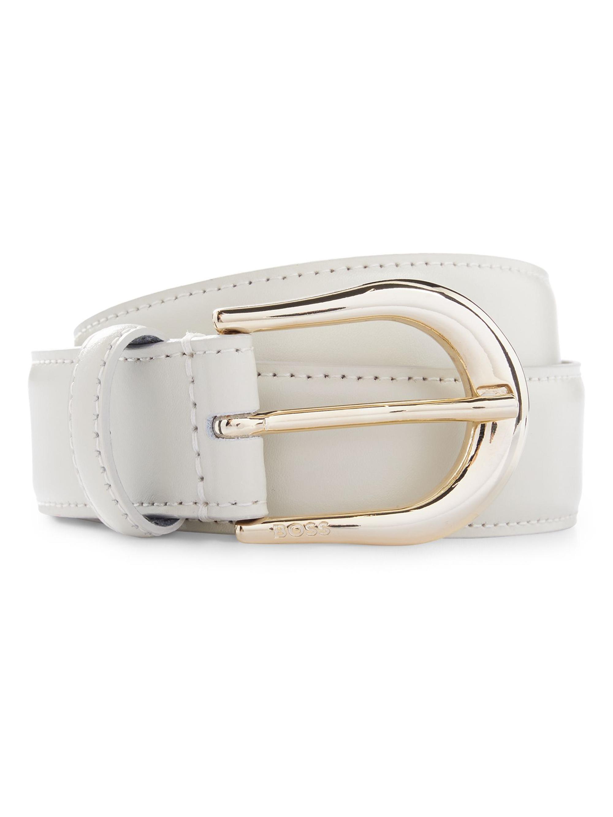 BOSS Women's Italian-Leather Belt with Logo-Engraved Buckle - Natural