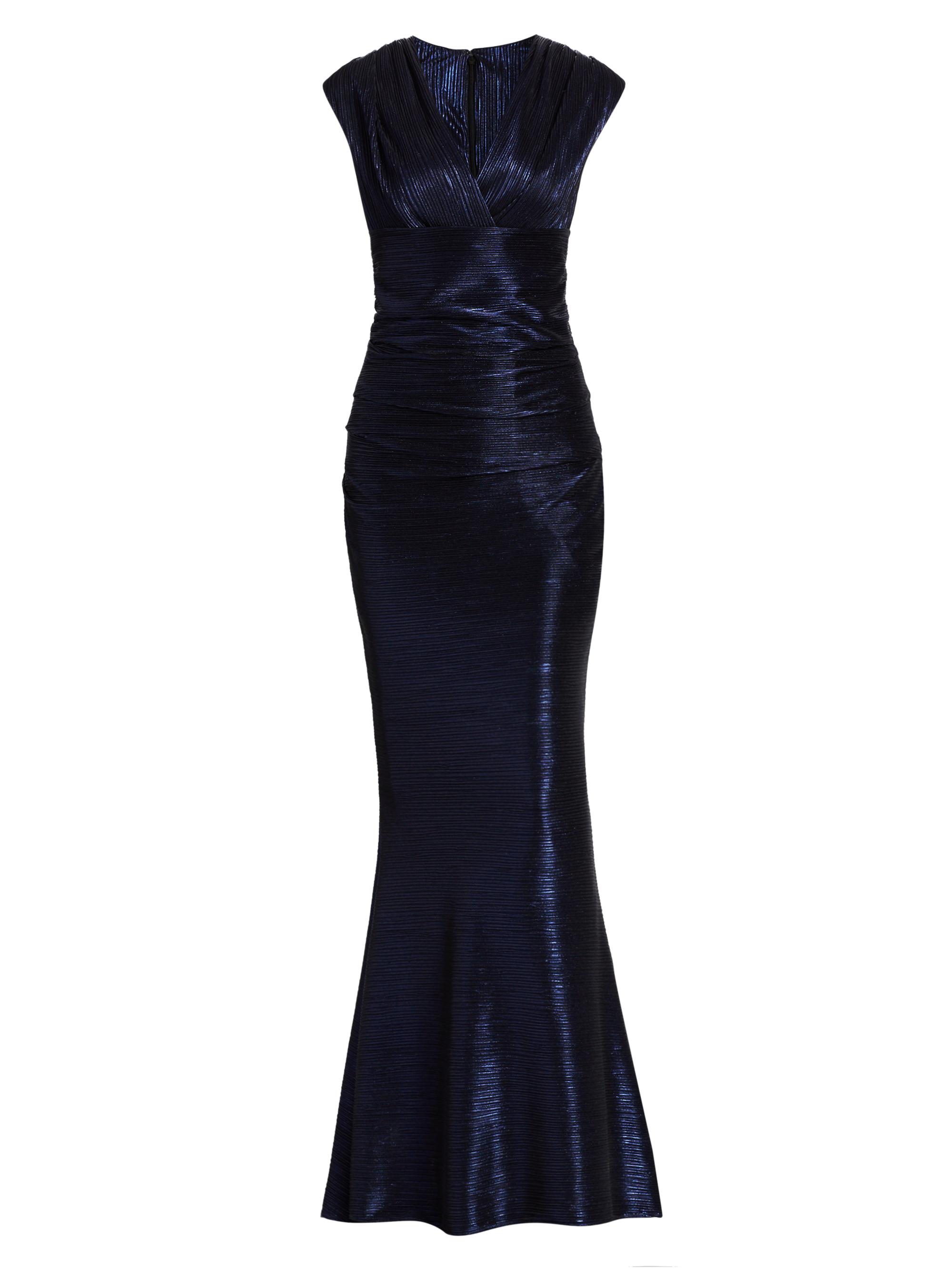 Talbot Runhof Women's Metallic Satin Surplice Gown - Royal Navy