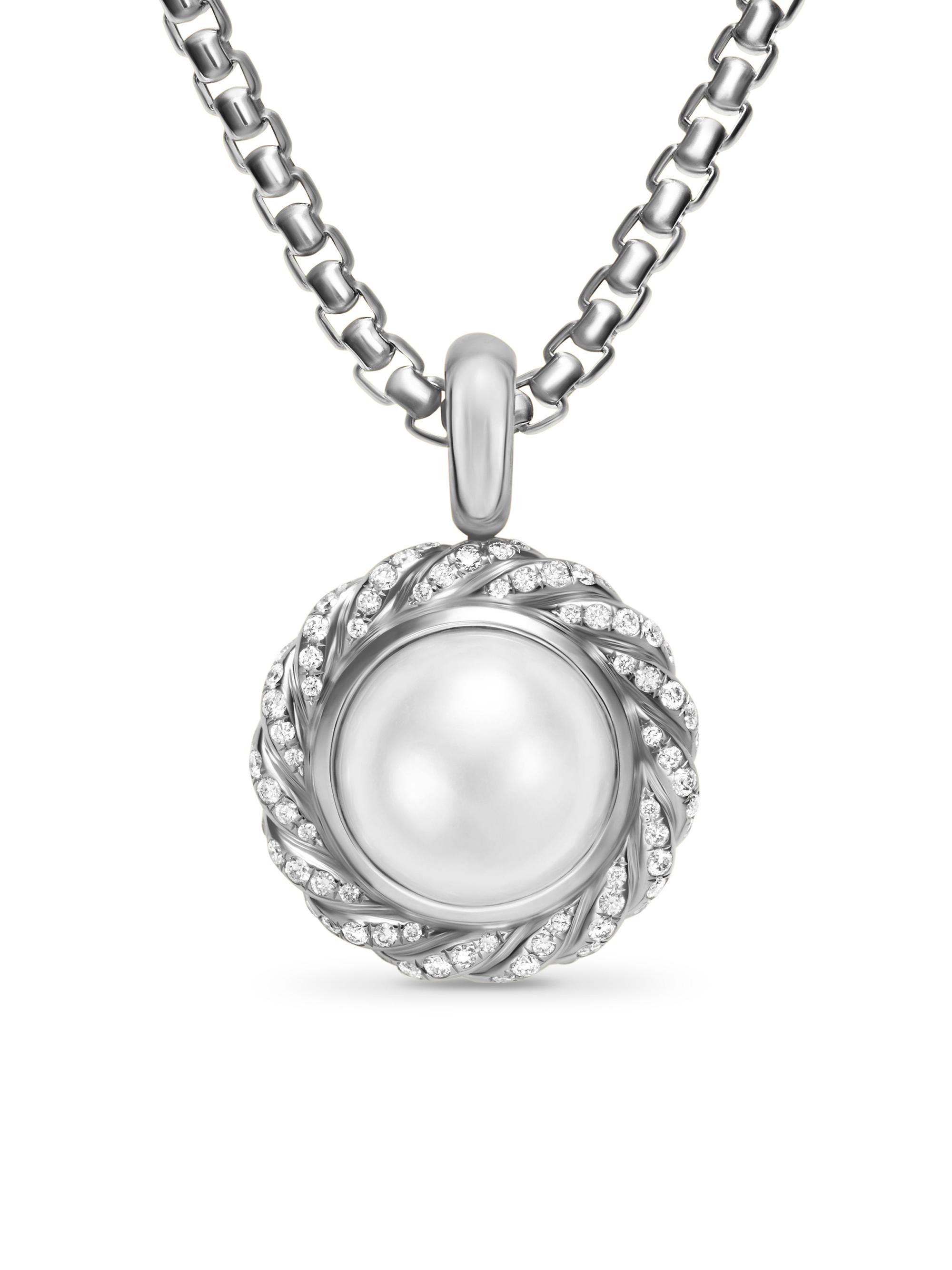 David Yurman Women's Pearl Classics Cable Halo Amulet in Sterling Silver with Diamonds, 18.8MM - South Sea White Pearl
