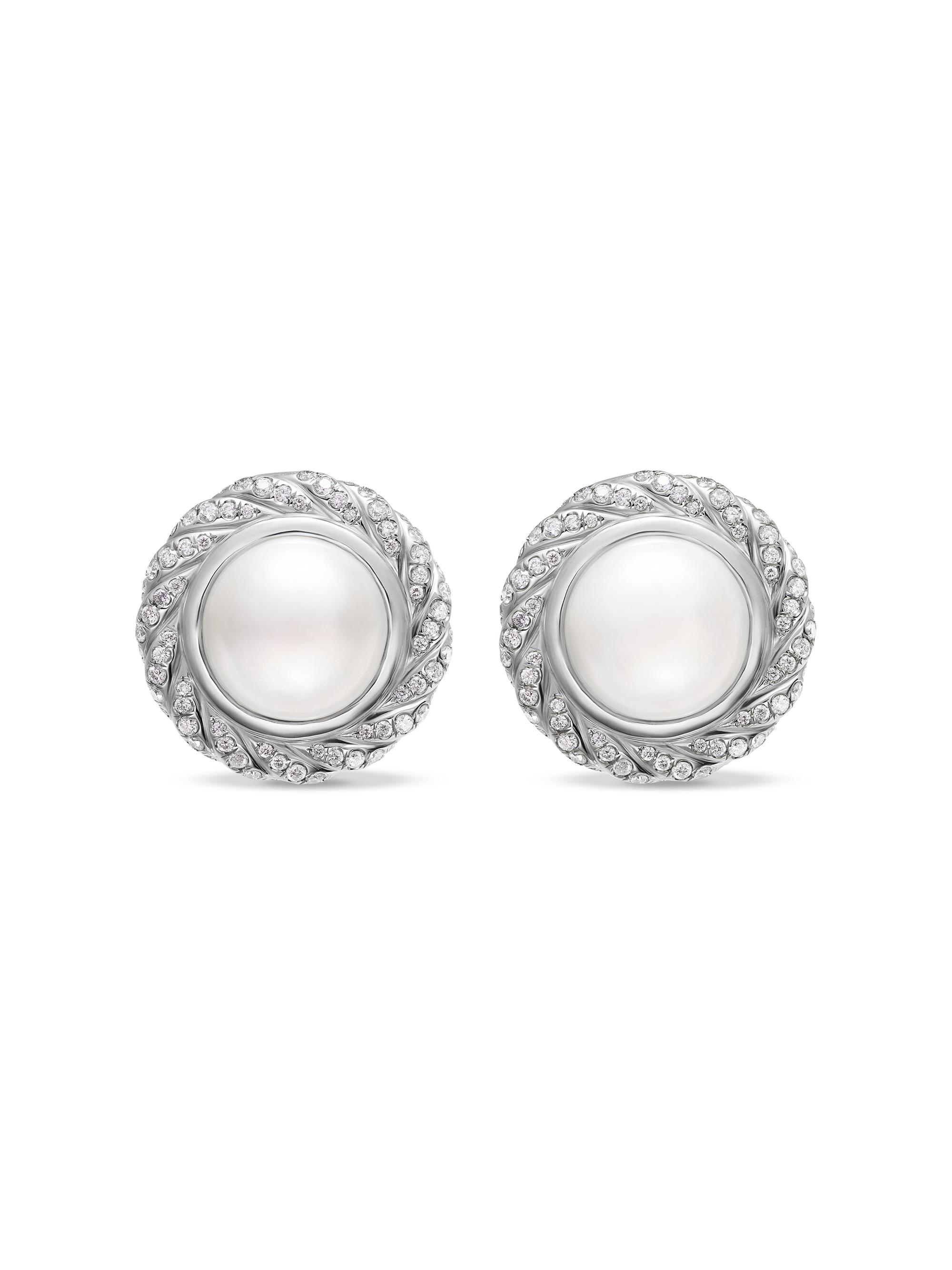 David Yurman Women's Pearl Classics Cable Halo Button Earrings in Sterling Silver with Diamonds, 18.8MM - South Sea White Pearl