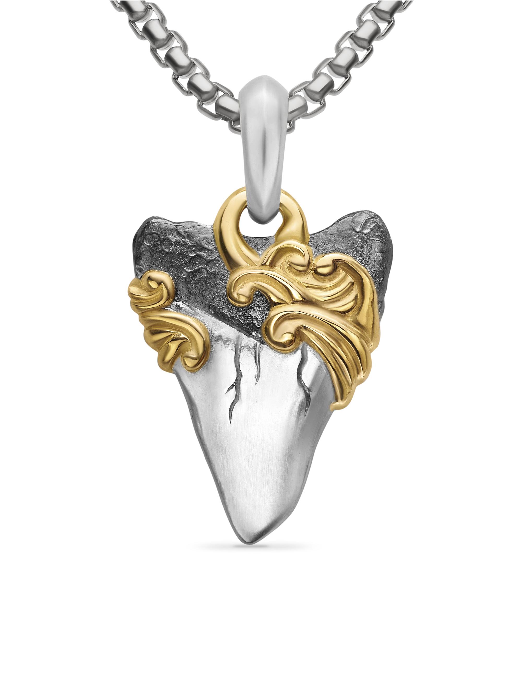 David Yurman Men's Waves Shark Tooth Amulet in Sterling Silver with 18K Yellow Gold, 25MM - Silver
