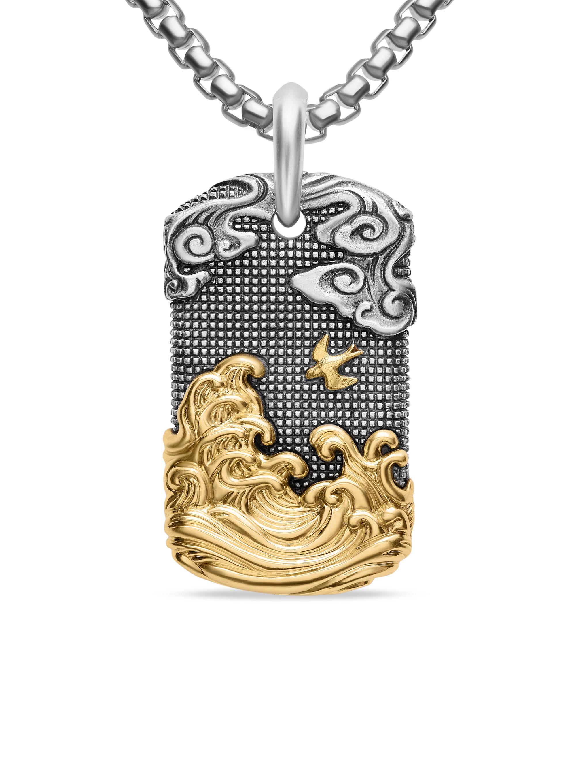 David Yurman Men's Waves Tag in Sterling Silver with 18K Yellow Gold, 42MM - Silver