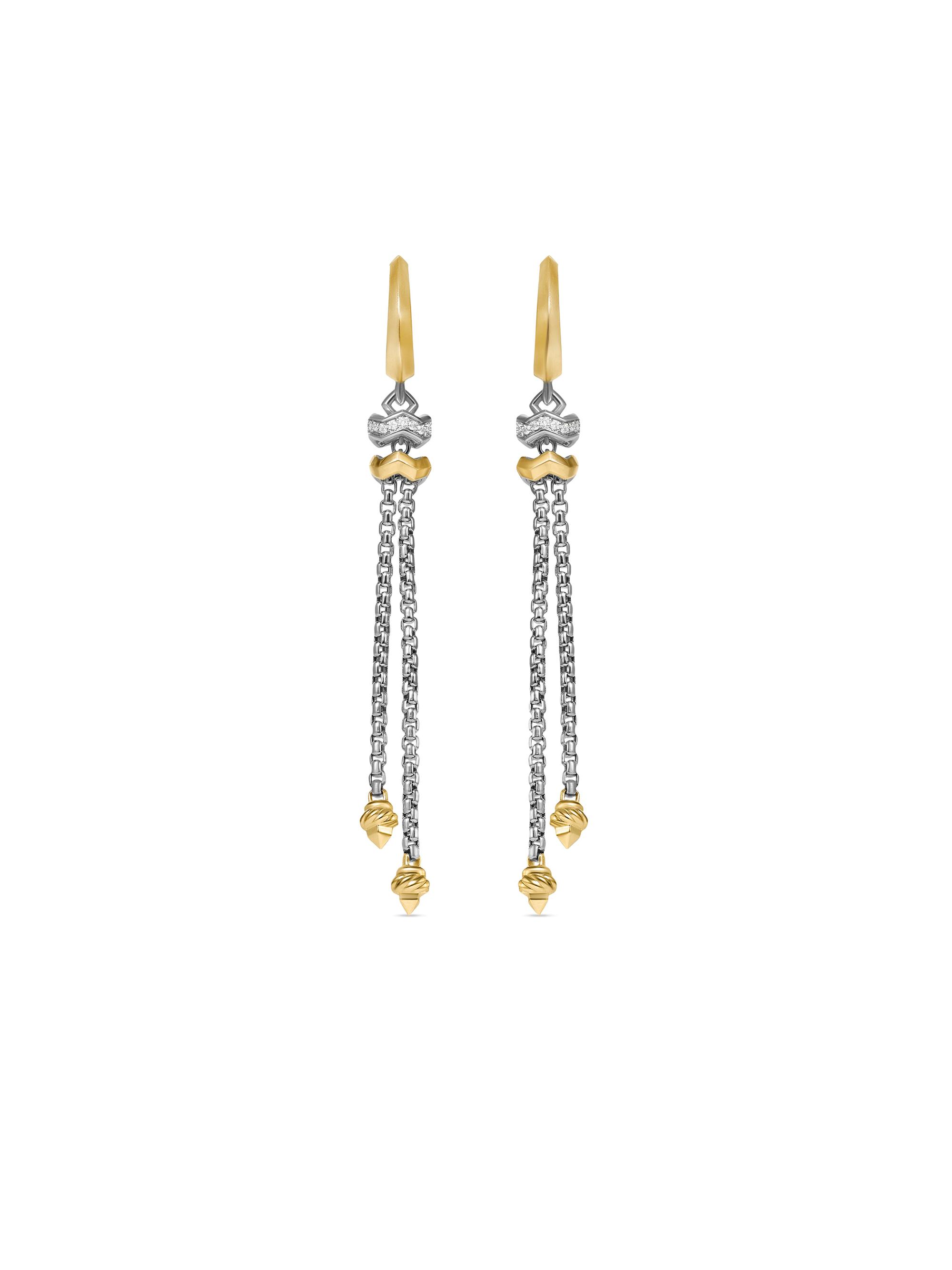 David Yurman Women's Zig Zag Stax Chain Drop Earrings in Sterling Silver with 18K Yellow Gold and Diamonds 66MM - Gold