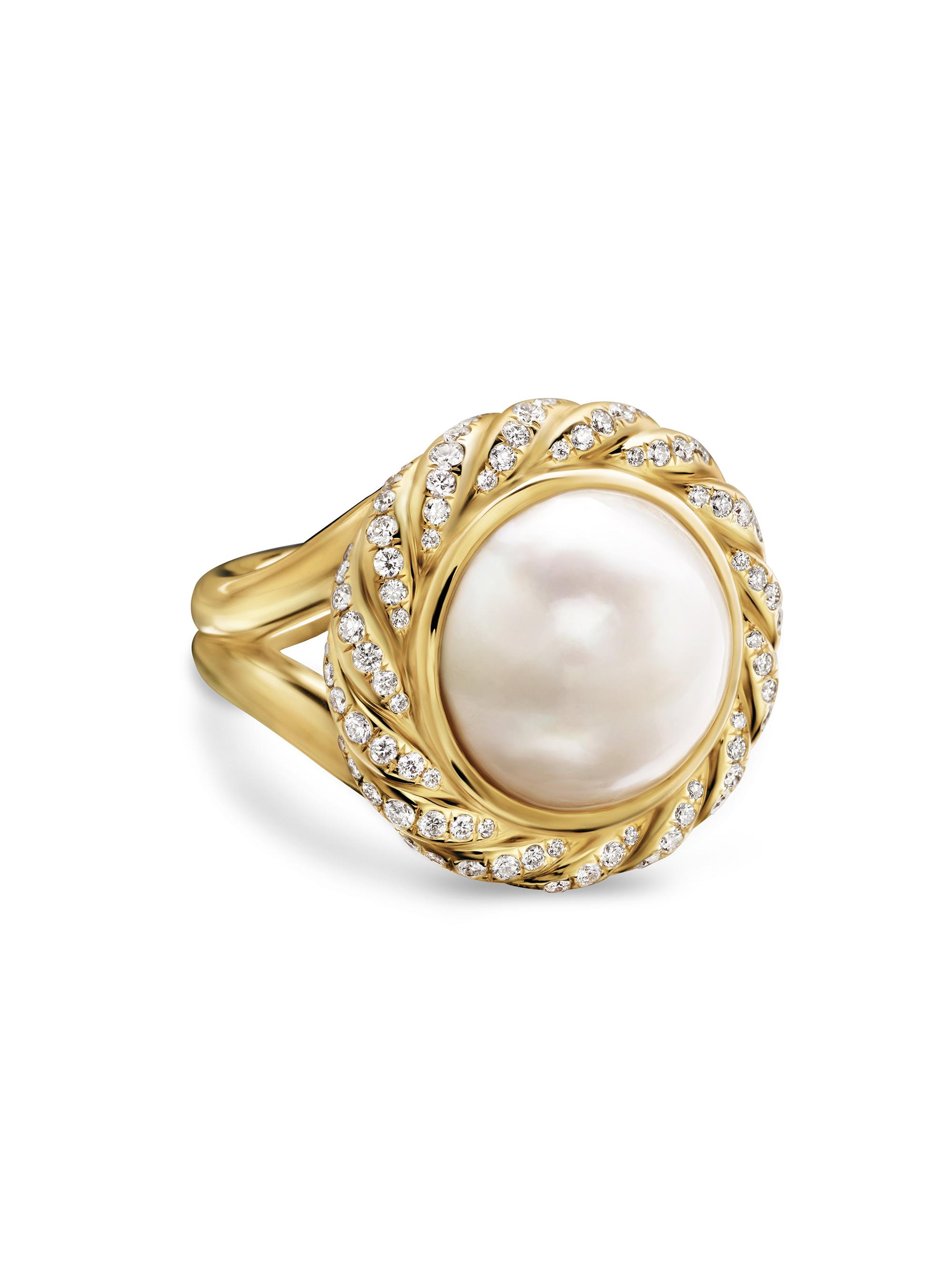 David Yurman Women's Pearl Classics Cable Halo Ring in 18K Yellow Gold - South Sea White Pearl