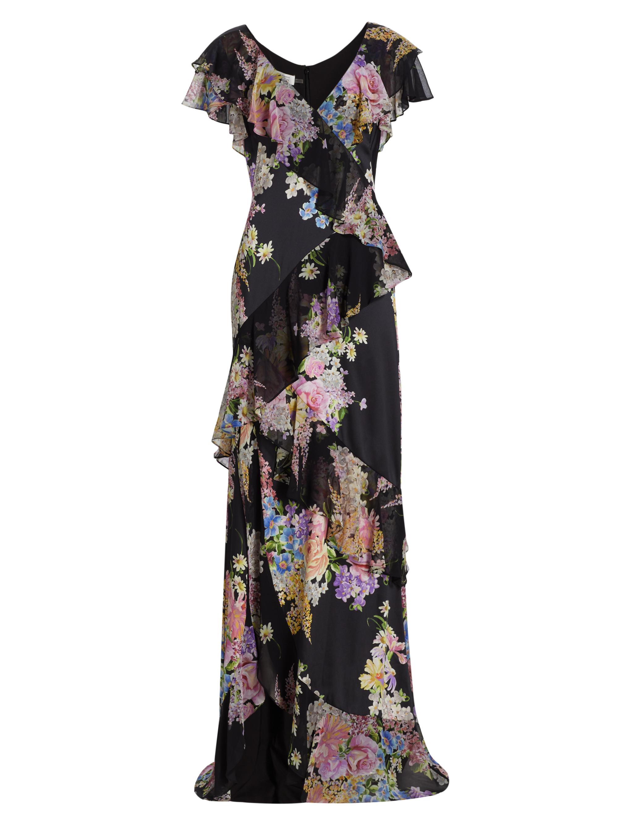 Teri Jon by Rickie Freeman Women's Floral Chiffon Diagonal Ruffle Gown - Black Multi