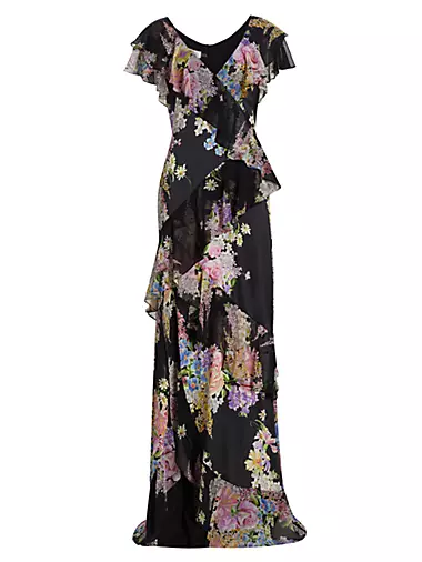 Floral Chiffon Diagonal Ruffle Gown