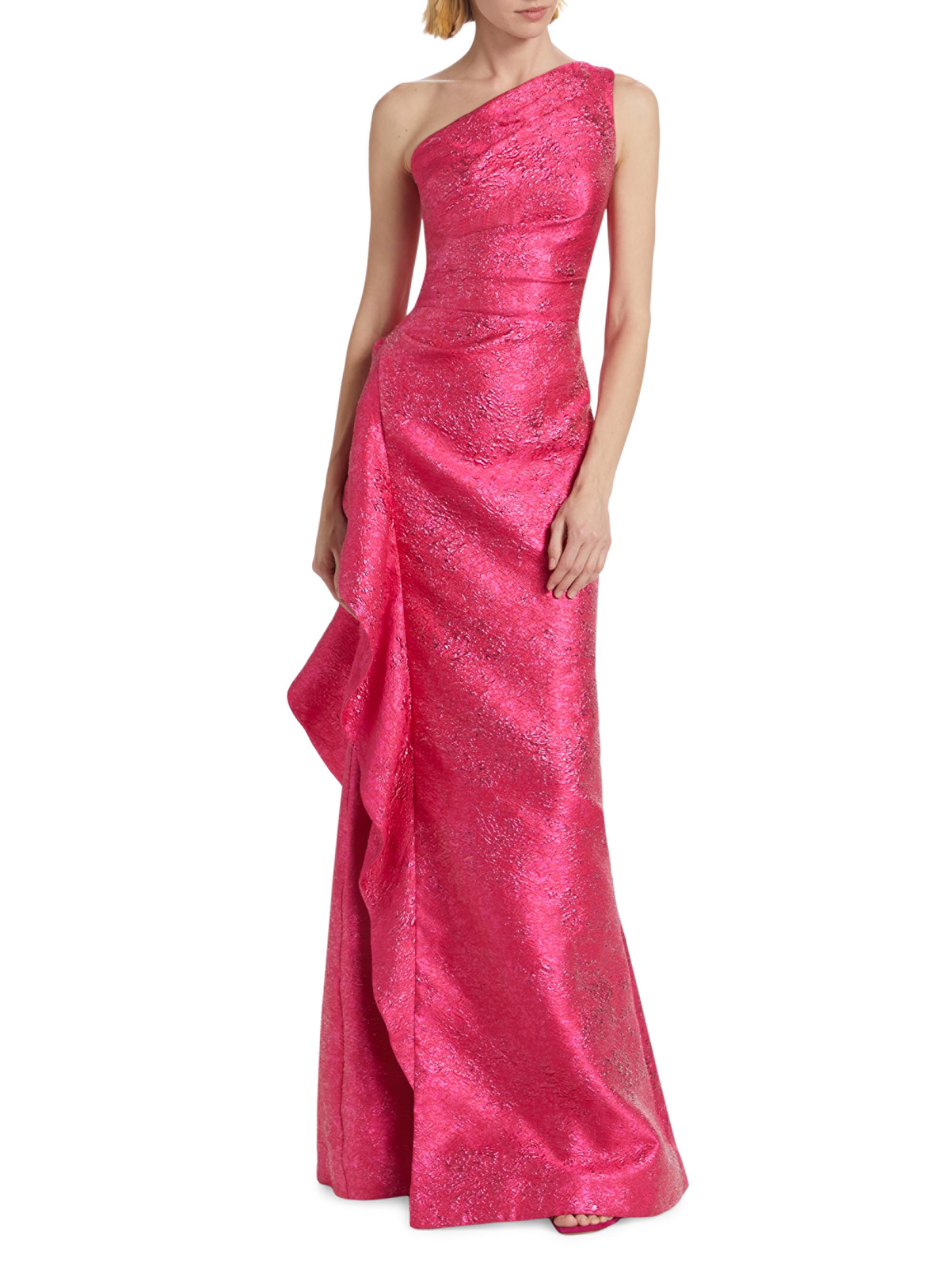 Teri Jon by Rickie Freeman Jacquard One-Shoulder Ruffle Column